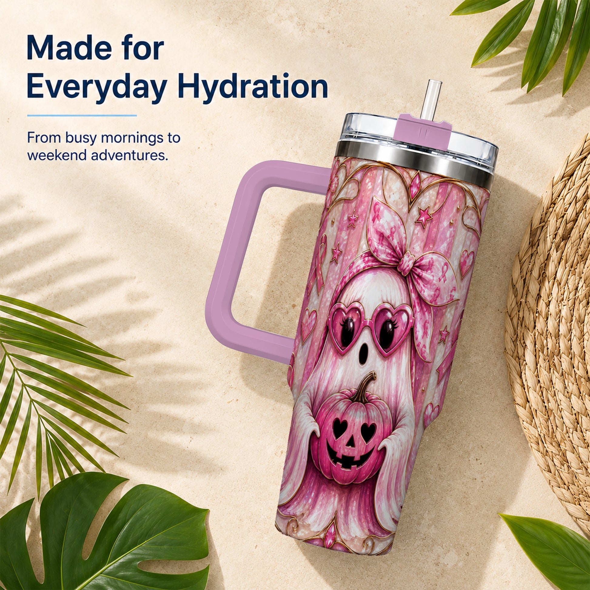 #pl[40oz|Pink] Ghost Pumpkin 40oz Tumbler with Handle, Stainless Steel Travel Cup