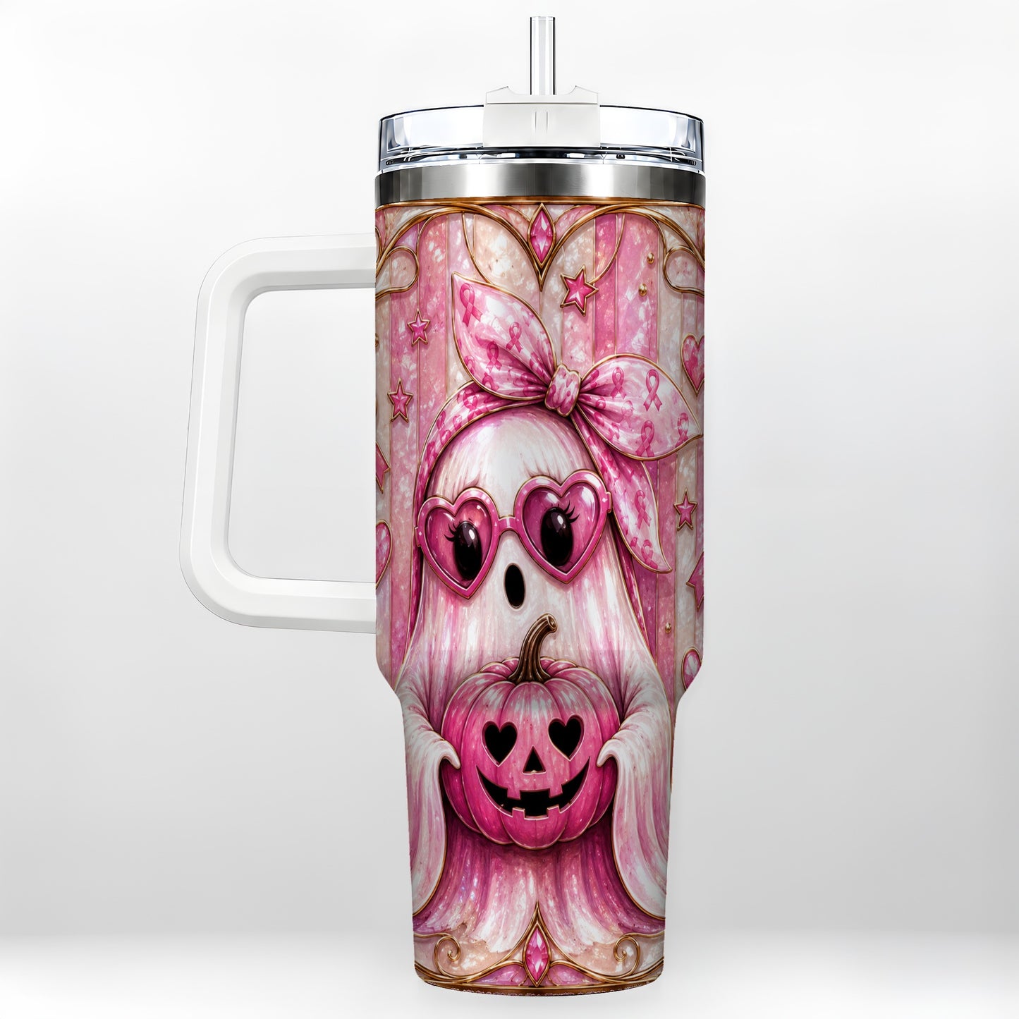 #pl[40oz|White] Ghost Pumpkin 40oz Tumbler with Handle, Stainless Steel Travel Cup