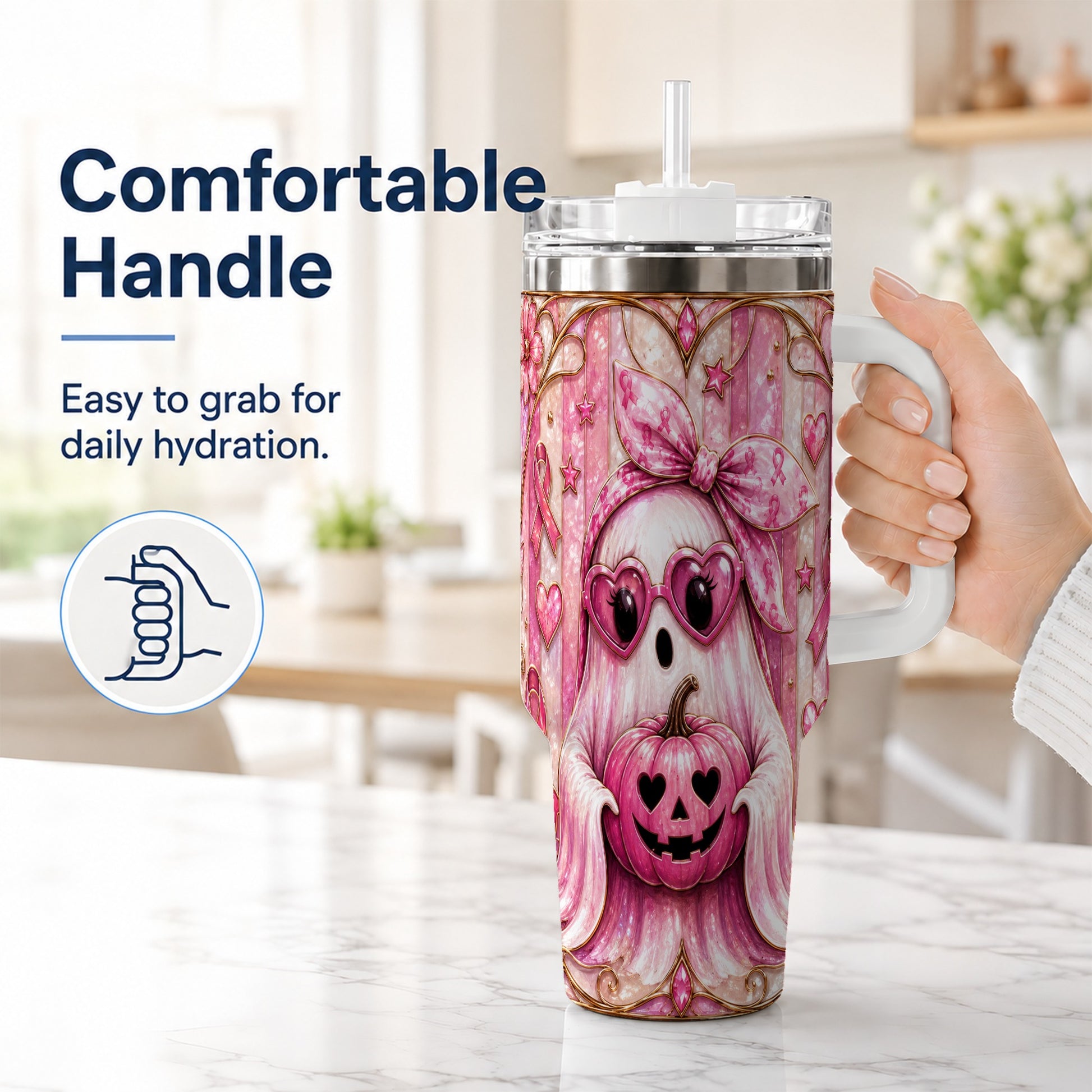 #pl[40oz|White] Ghost Pumpkin 40oz Tumbler with Handle, Stainless Steel Travel Cup