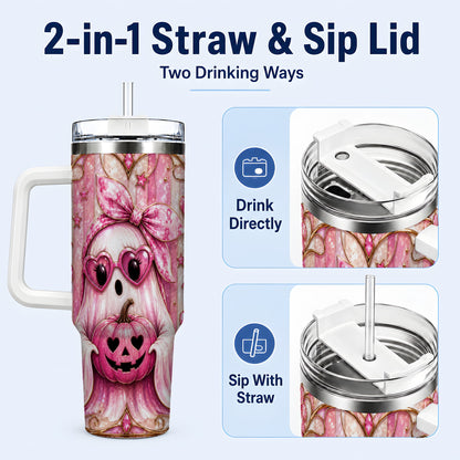 #pl[40oz|White] Ghost Pumpkin 40oz Tumbler with Handle, Stainless Steel Travel Cup