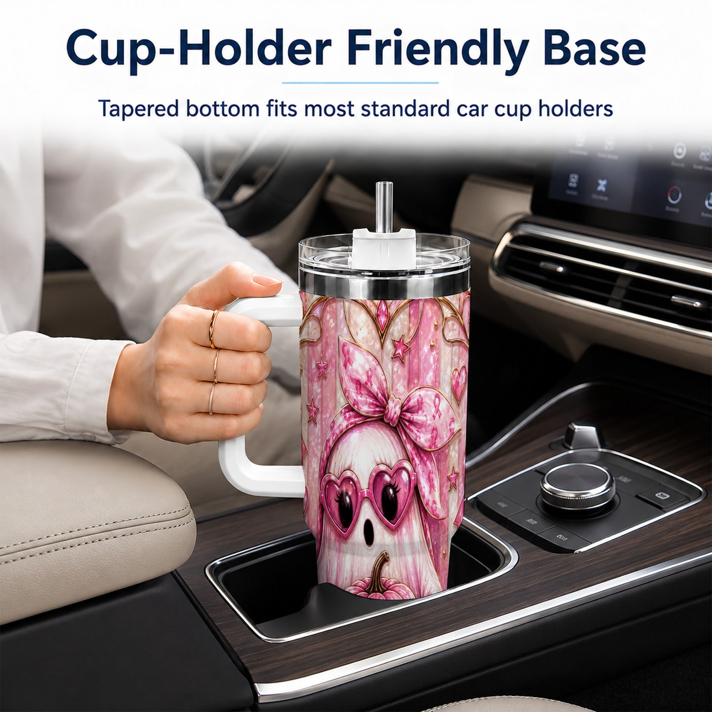 #pl[40oz|White] Ghost Pumpkin 40oz Tumbler with Handle, Stainless Steel Travel Cup