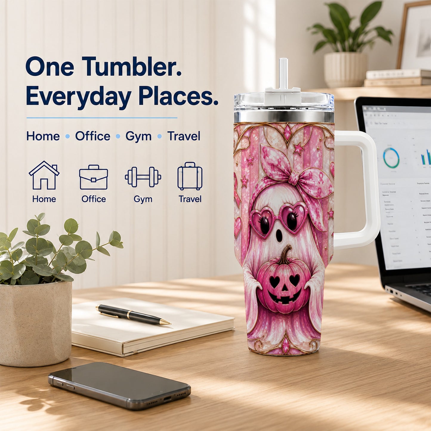 #pl[40oz|White] Ghost Pumpkin 40oz Tumbler with Handle, Stainless Steel Travel Cup