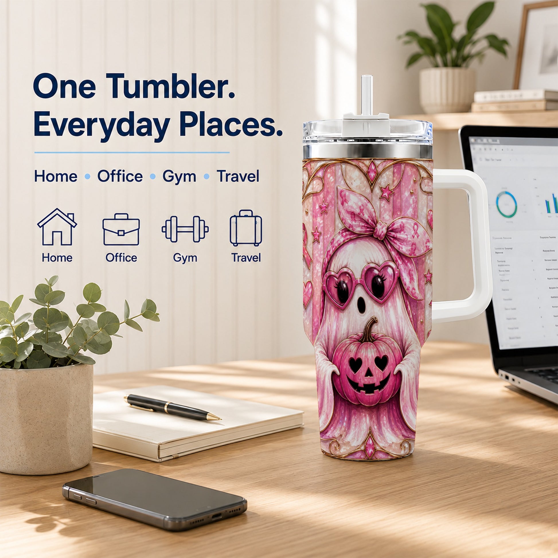 #pl[40oz|White] Ghost Pumpkin 40oz Tumbler with Handle, Stainless Steel Travel Cup