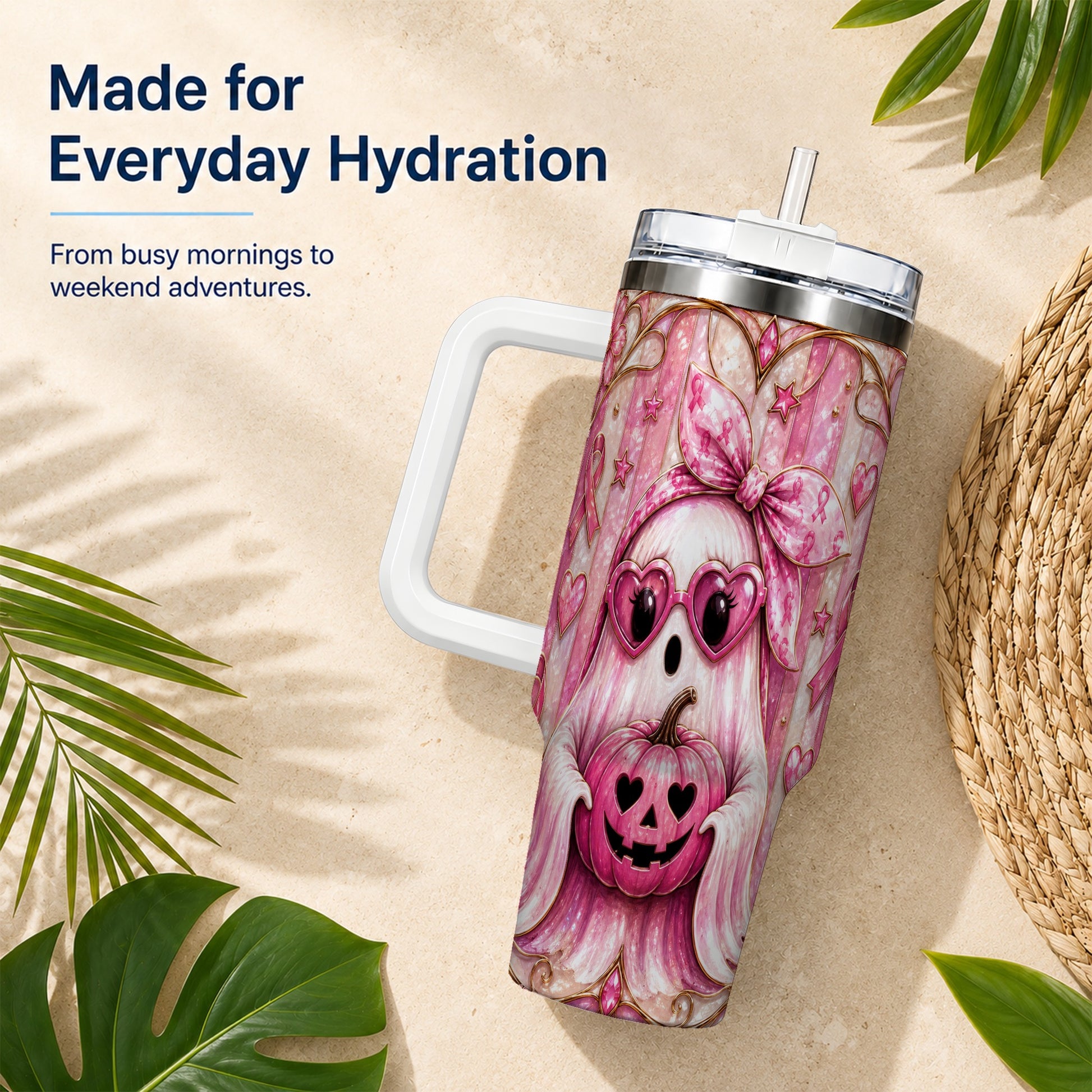#pl[40oz|White] Ghost Pumpkin 40oz Tumbler with Handle, Stainless Steel Travel Cup