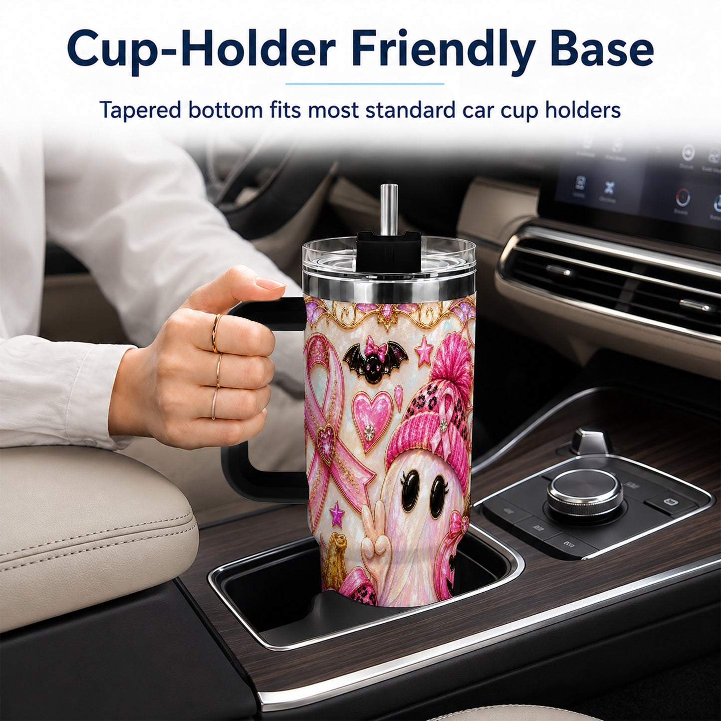 #pl[40oz|Black] Pink Ribbon Ghost 40oz Tumbler with Handle, Halloween Travel Cup