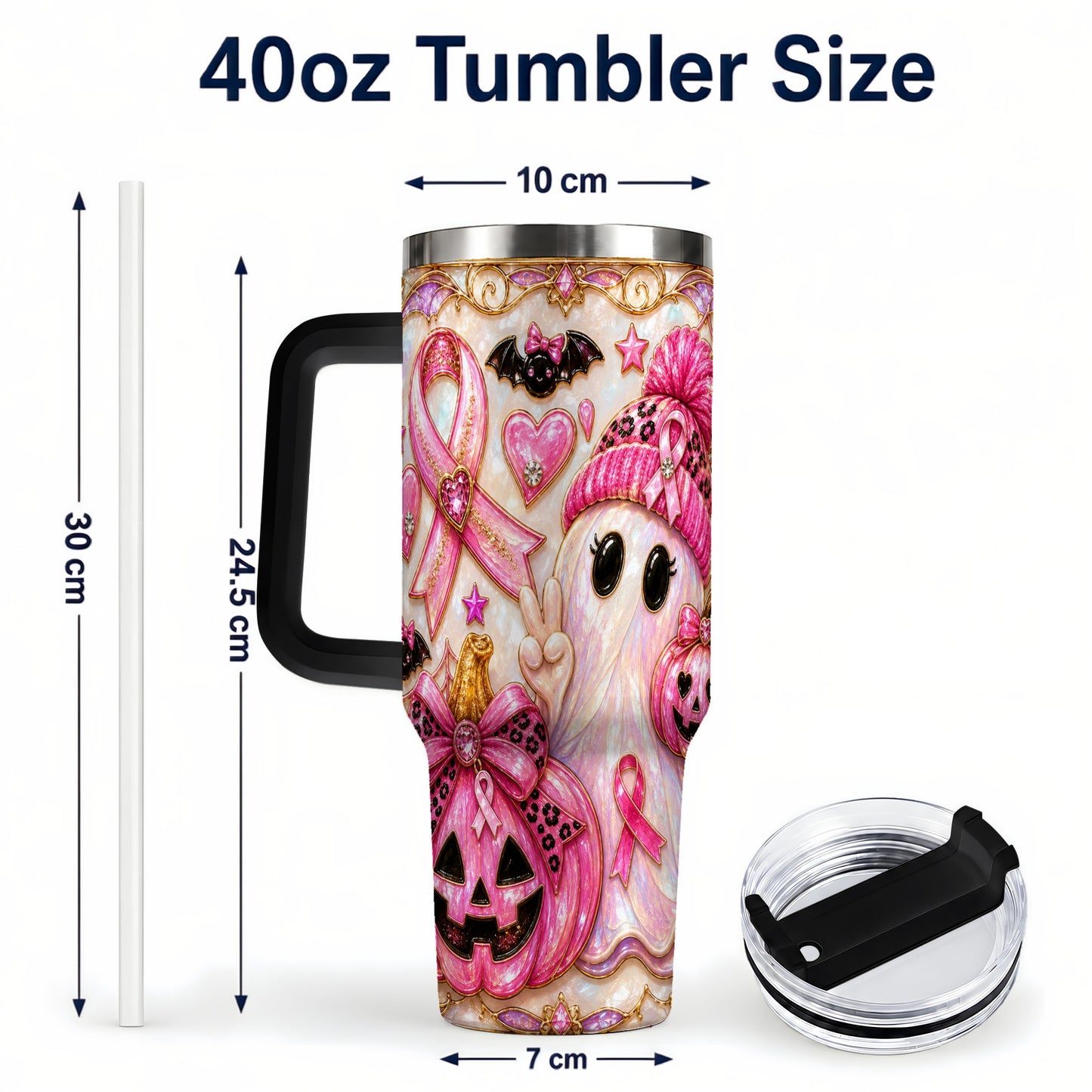 #pl[40oz|Black] Pink Ribbon Ghost 40oz Tumbler with Handle, Halloween Travel Cup