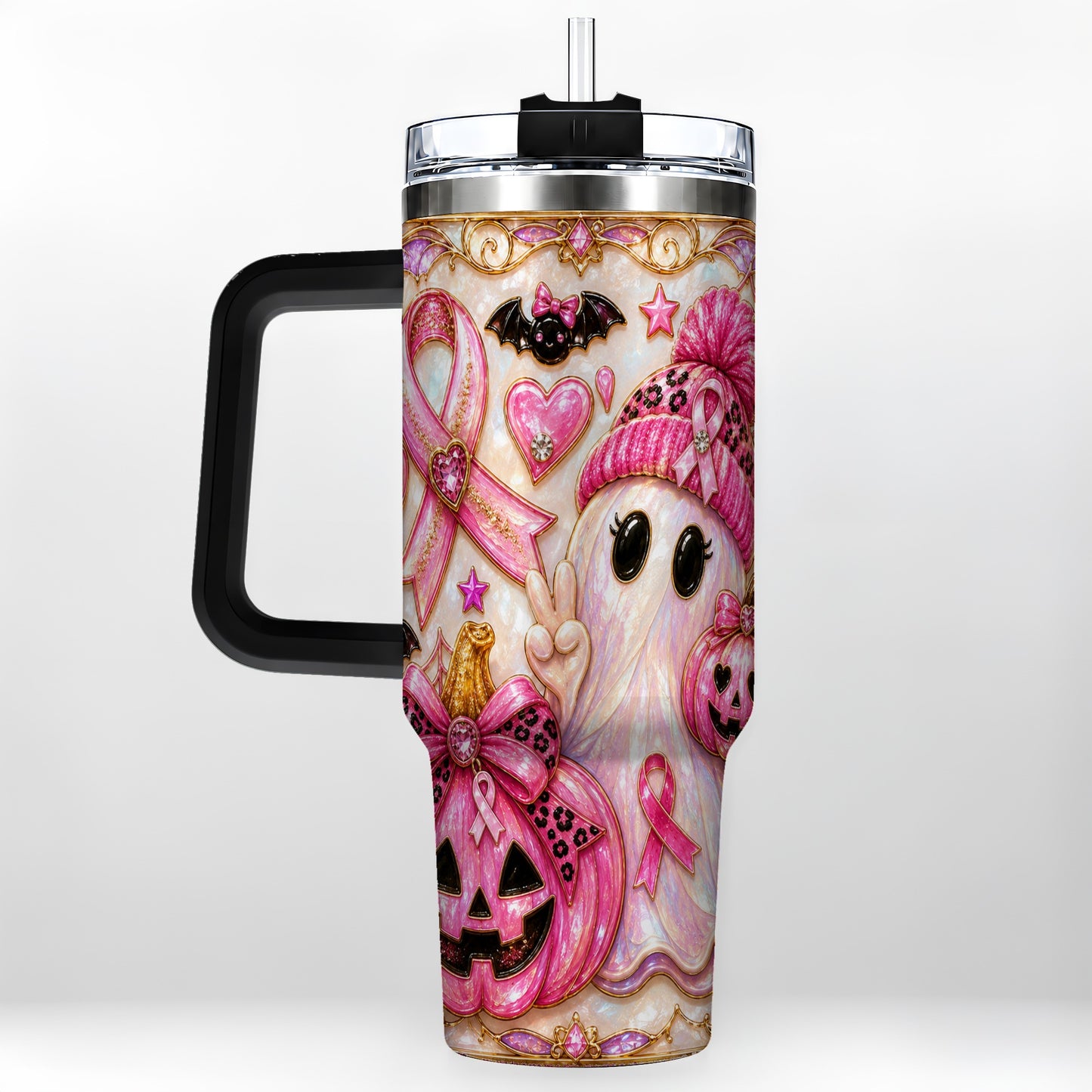 #pl[40oz|Black] Pink Ribbon Ghost 40oz Tumbler with Handle, Halloween Travel Cup