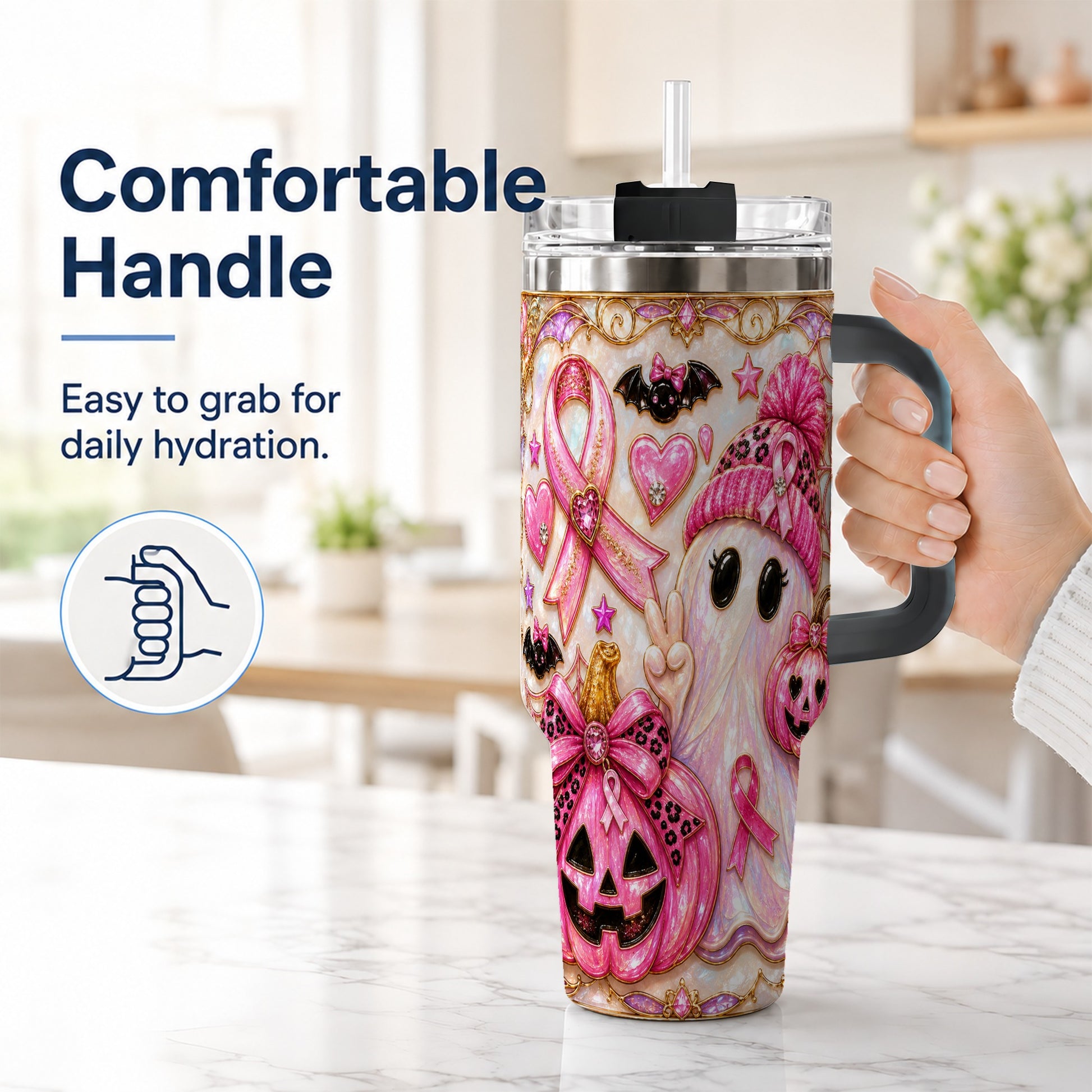 #pl[40oz|Black] Pink Ribbon Ghost 40oz Tumbler with Handle, Halloween Travel Cup