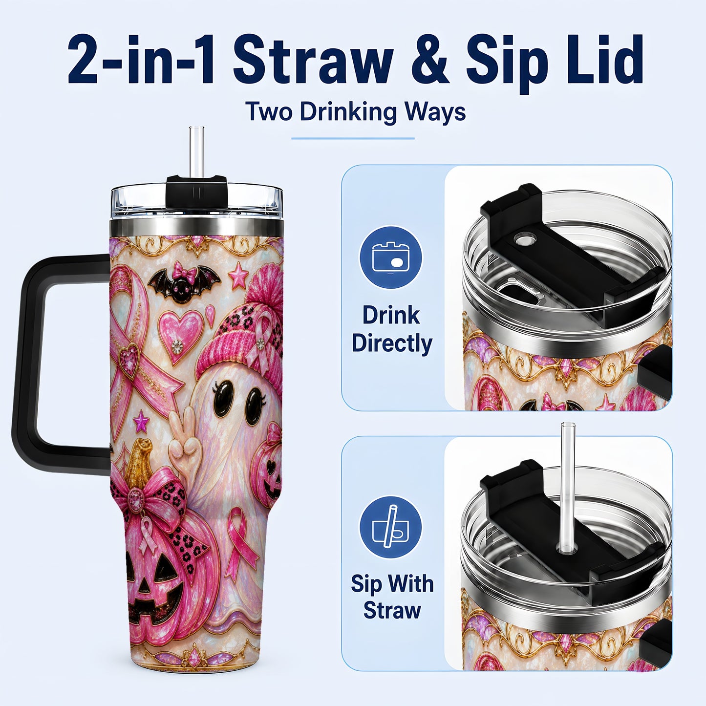 #pl[40oz|Black] Pink Ribbon Ghost 40oz Tumbler with Handle, Halloween Travel Cup