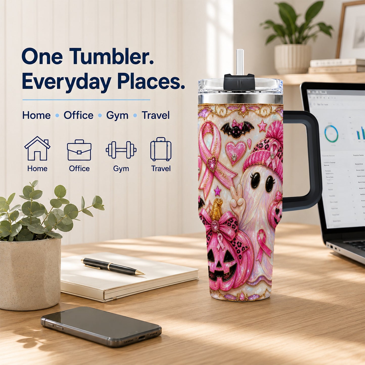 #pl[40oz|Black] Pink Ribbon Ghost 40oz Tumbler with Handle, Halloween Travel Cup