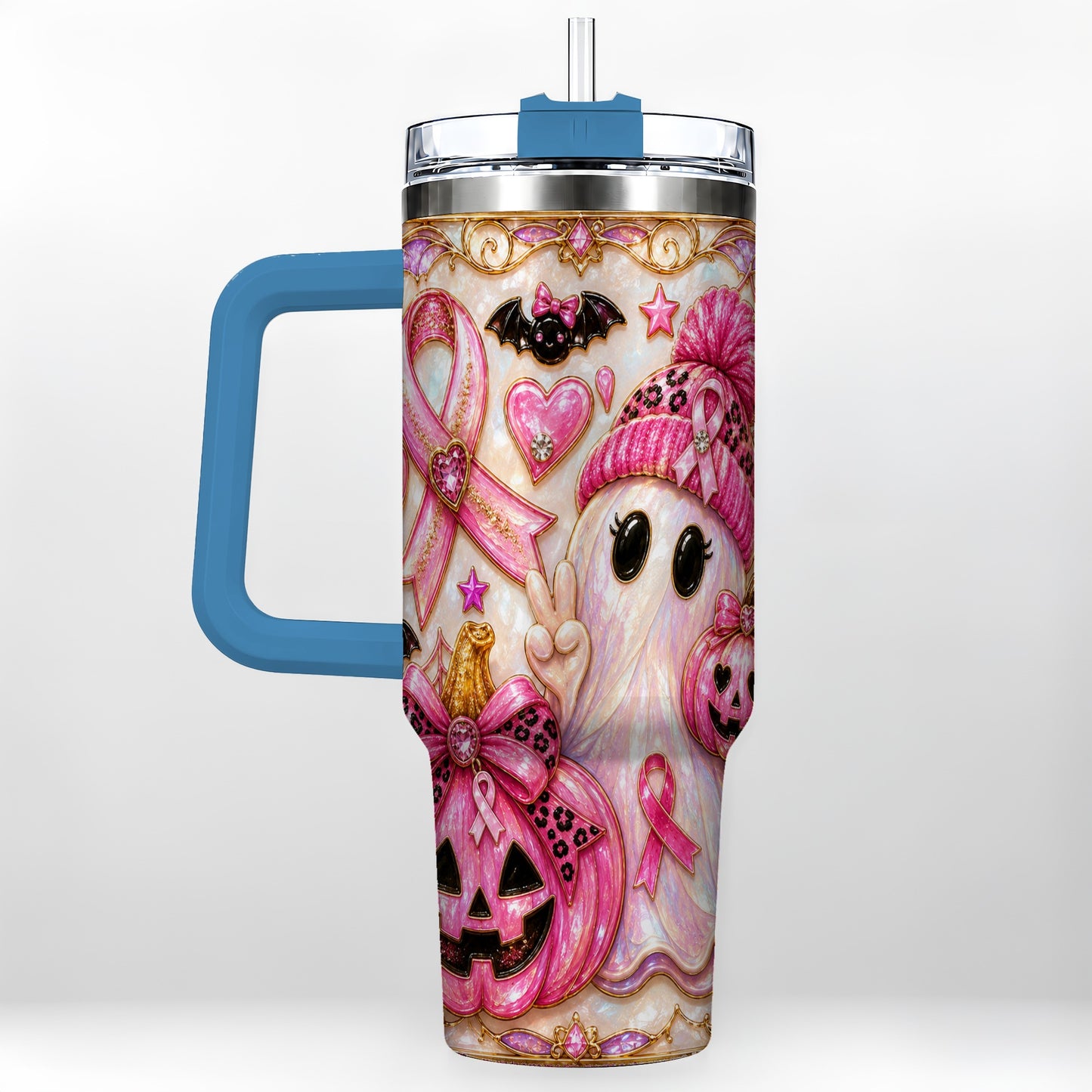 #pl[40oz|Blue] Pink Ribbon Ghost 40oz Tumbler with Handle, Halloween Travel Cup