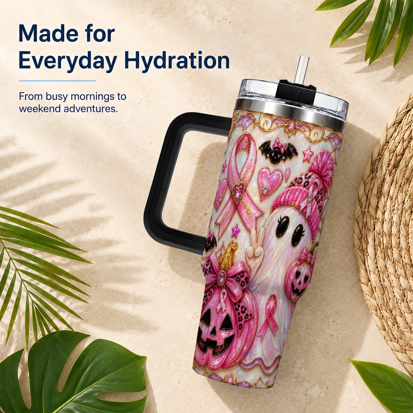 #pl[40oz|Black] Pink Ribbon Ghost 40oz Tumbler with Handle, Halloween Travel Cup
