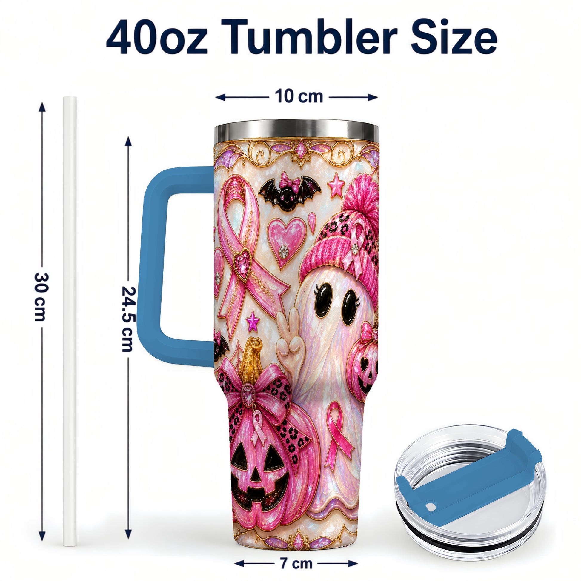 #pl[40oz|Blue] Pink Ribbon Ghost 40oz Tumbler with Handle, Halloween Travel Cup