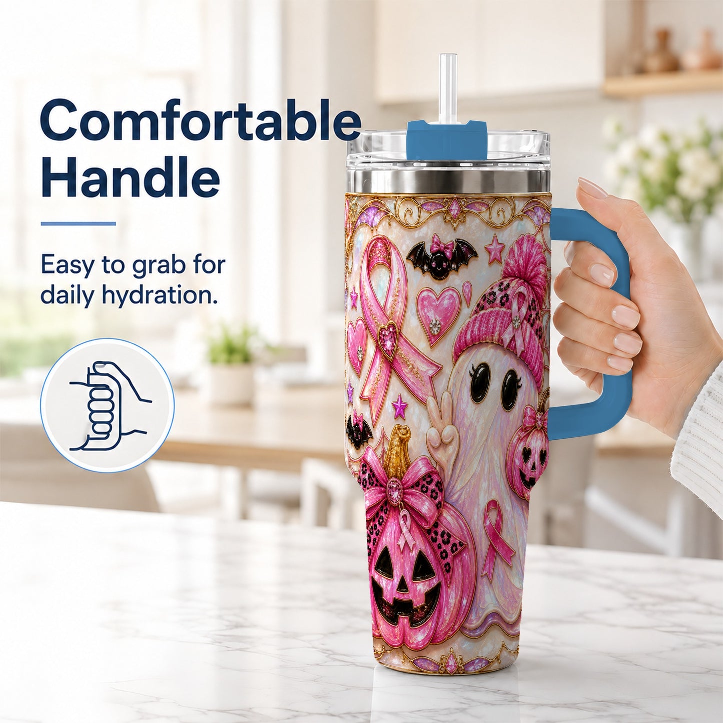 #pl[40oz|Blue] Pink Ribbon Ghost 40oz Tumbler with Handle, Halloween Travel Cup