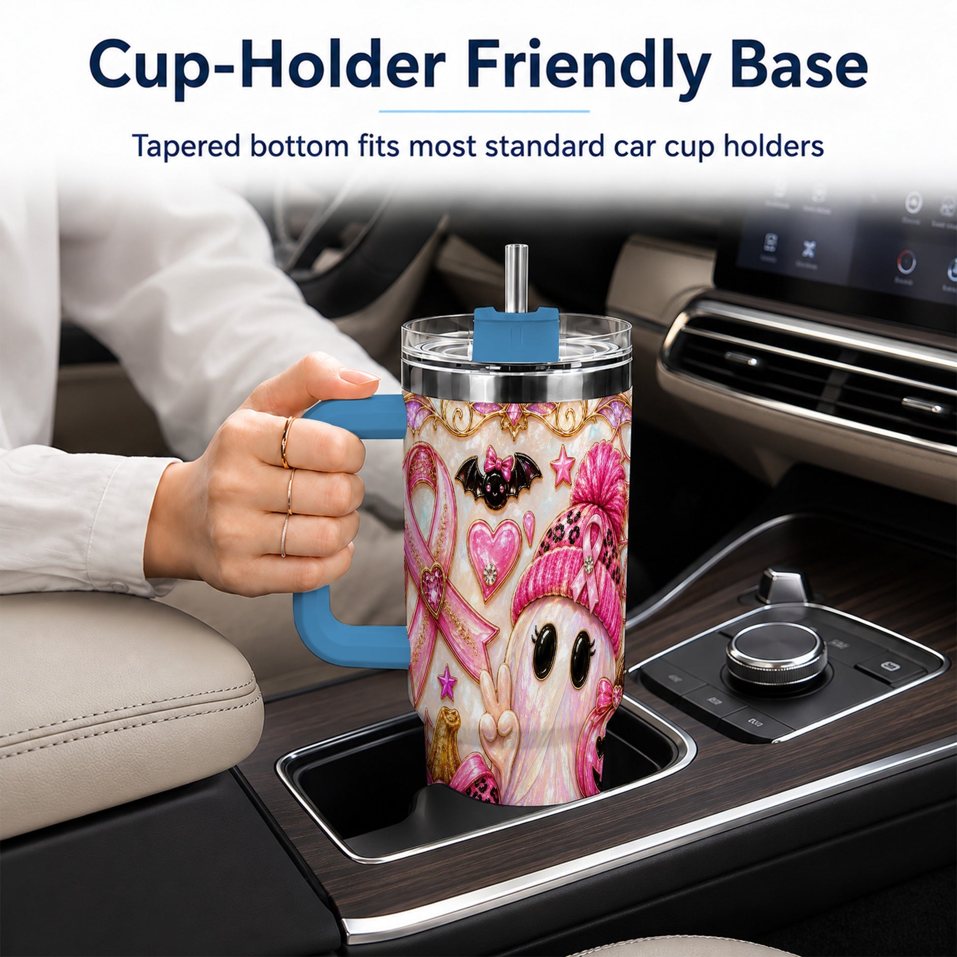 #pl[40oz|Blue] Pink Ribbon Ghost 40oz Tumbler with Handle, Halloween Travel Cup