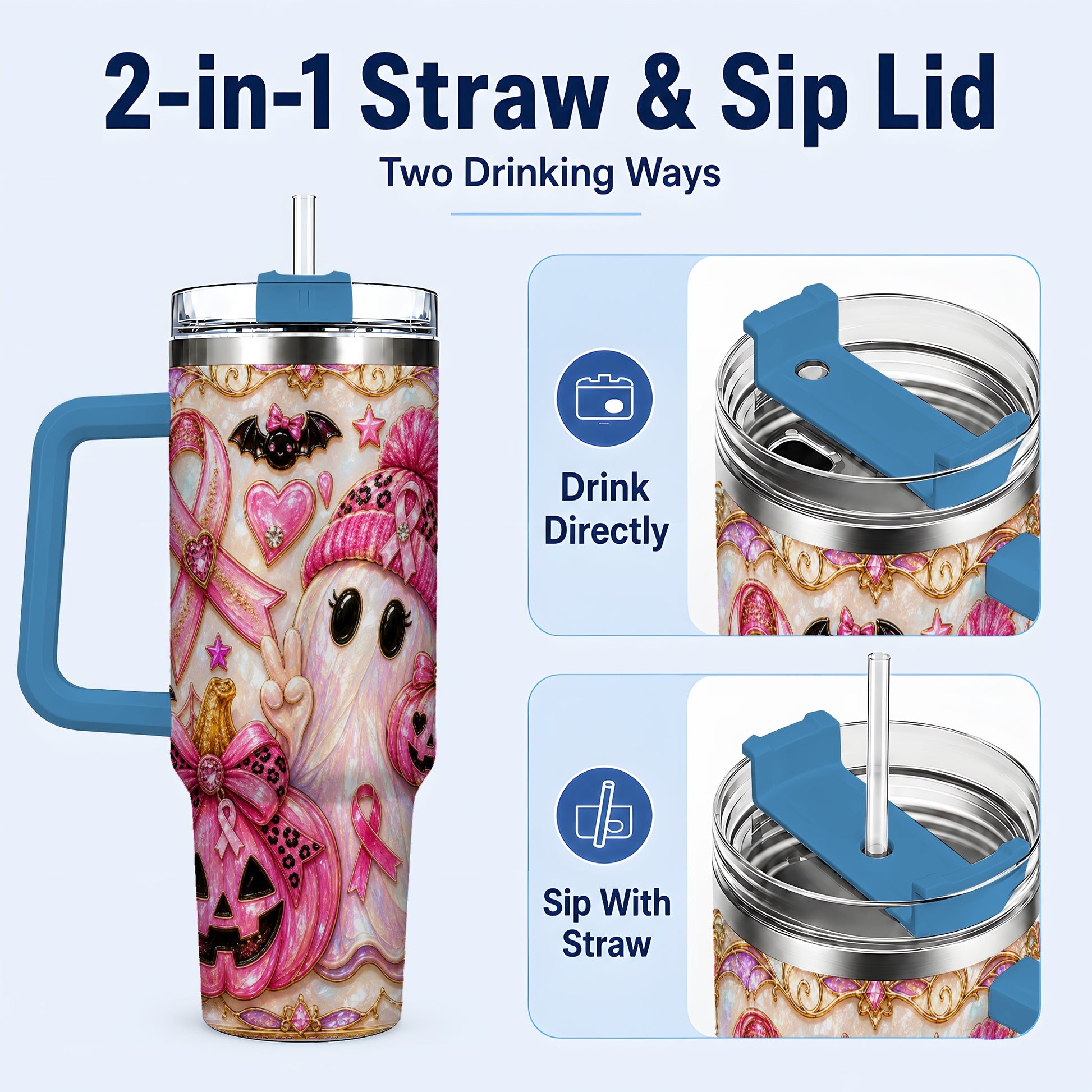 #pl[40oz|Blue] Pink Ribbon Ghost 40oz Tumbler with Handle, Halloween Travel Cup