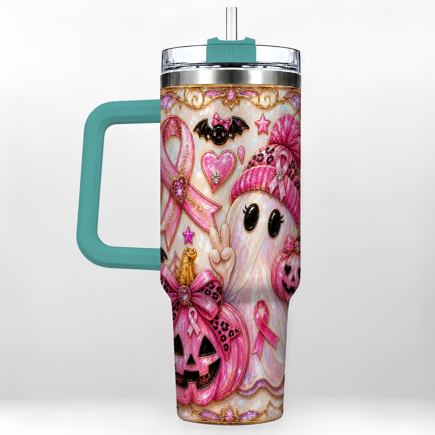 #pl[40oz|Green] Pink Ribbon Ghost 40oz Tumbler with Handle, Halloween Travel Cup