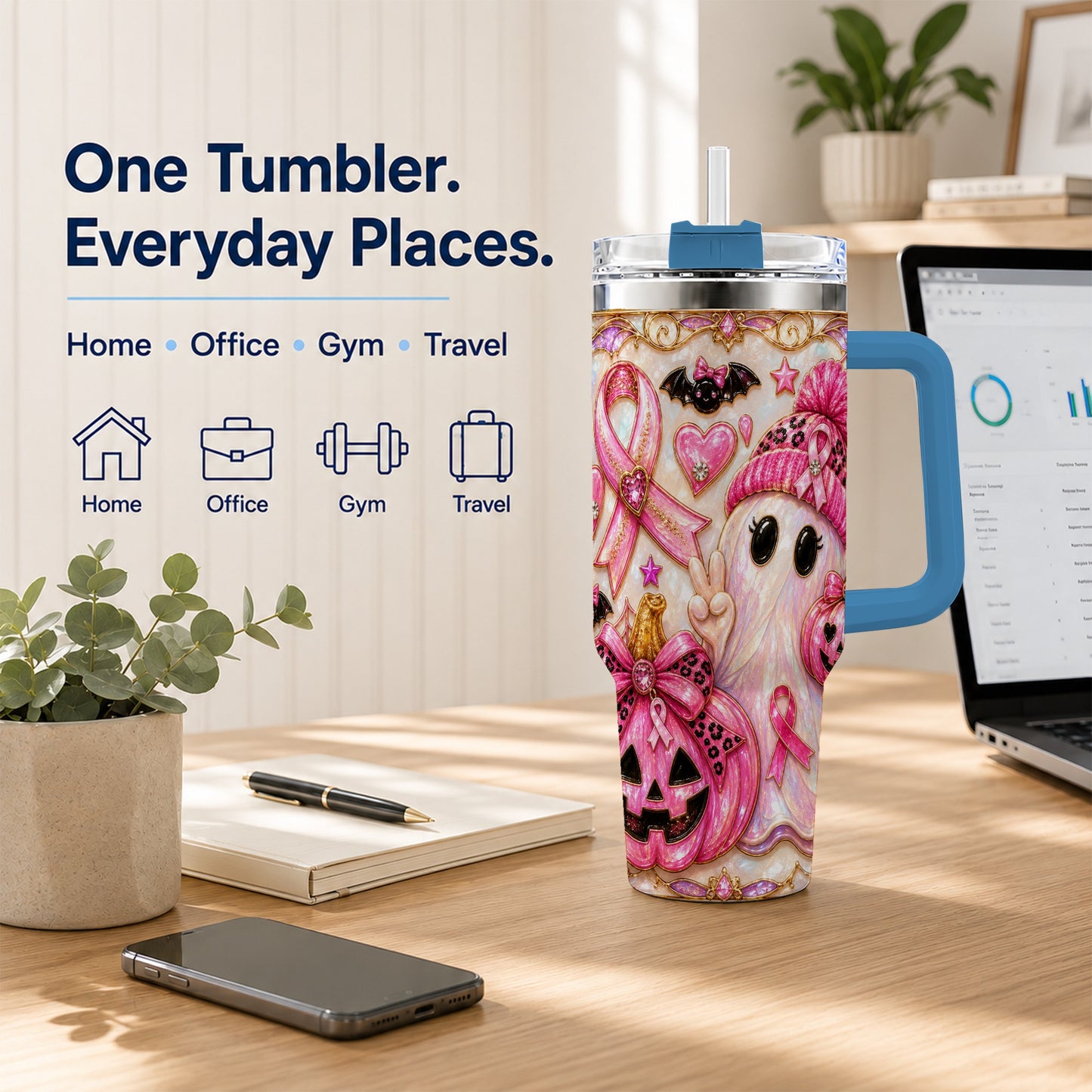#pl[40oz|Blue] Pink Ribbon Ghost 40oz Tumbler with Handle, Halloween Travel Cup