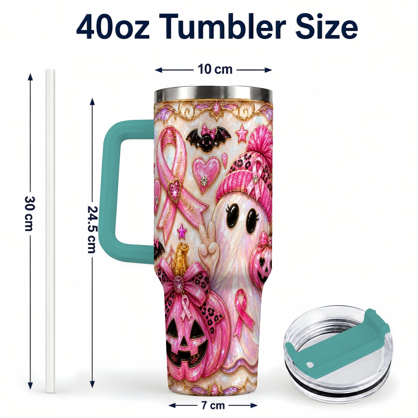 #pl[40oz|Green] Pink Ribbon Ghost 40oz Tumbler with Handle, Halloween Travel Cup