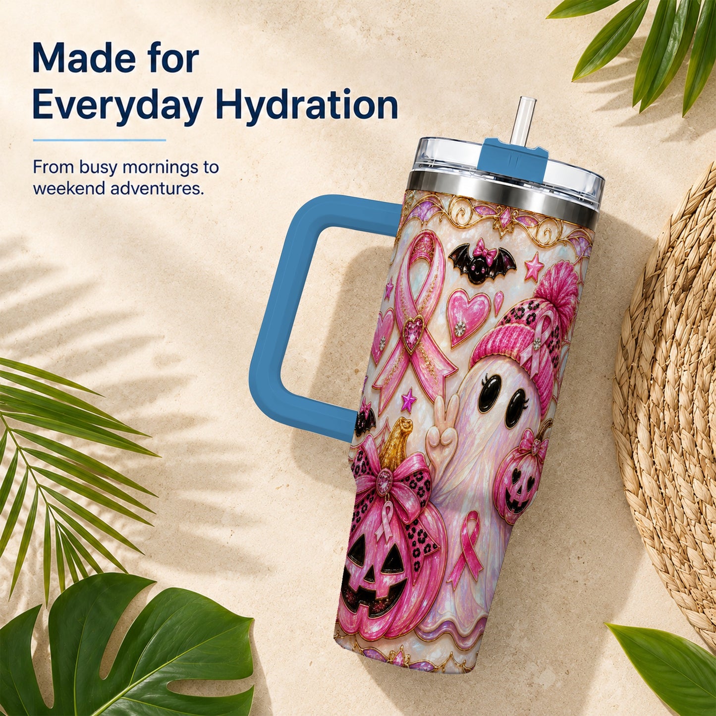 #pl[40oz|Blue] Pink Ribbon Ghost 40oz Tumbler with Handle, Halloween Travel Cup