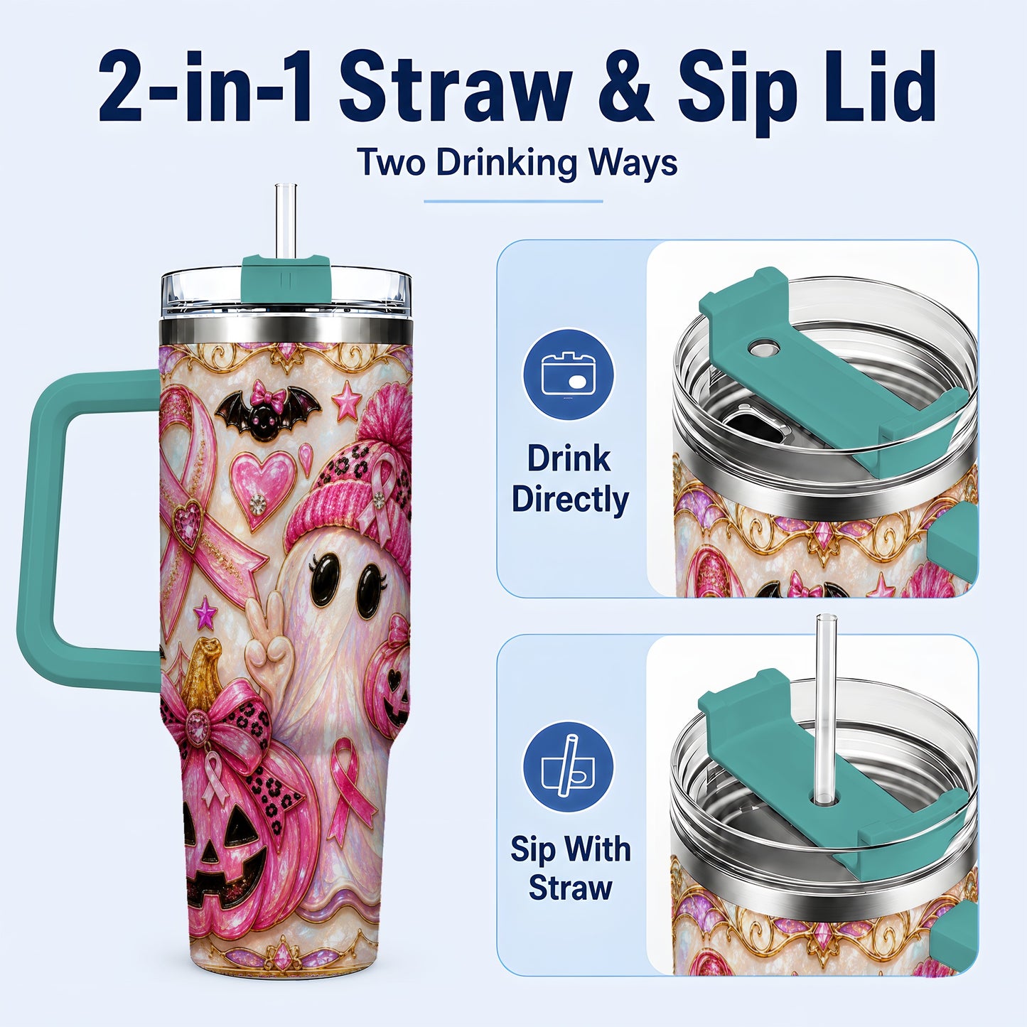 #pl[40oz|Green] Pink Ribbon Ghost 40oz Tumbler with Handle, Halloween Travel Cup