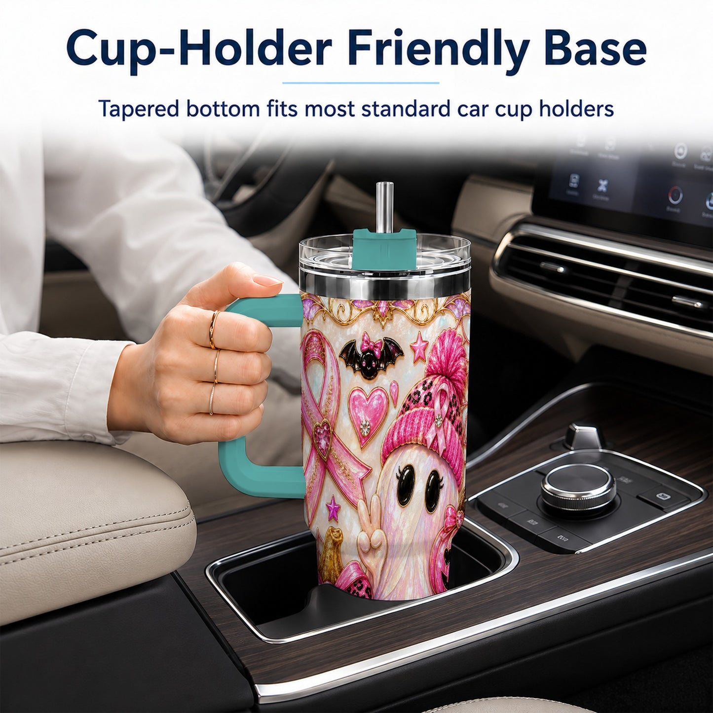 #pl[40oz|Green] Pink Ribbon Ghost 40oz Tumbler with Handle, Halloween Travel Cup