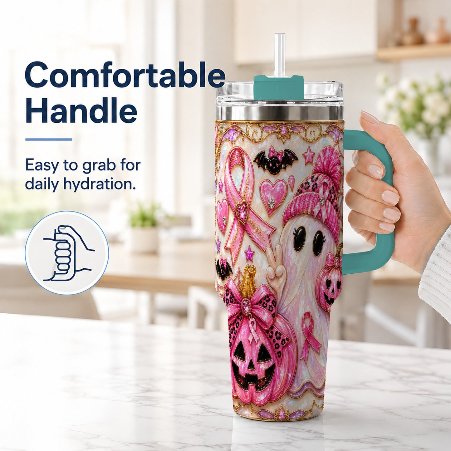 #pl[40oz|Green] Pink Ribbon Ghost 40oz Tumbler with Handle, Halloween Travel Cup