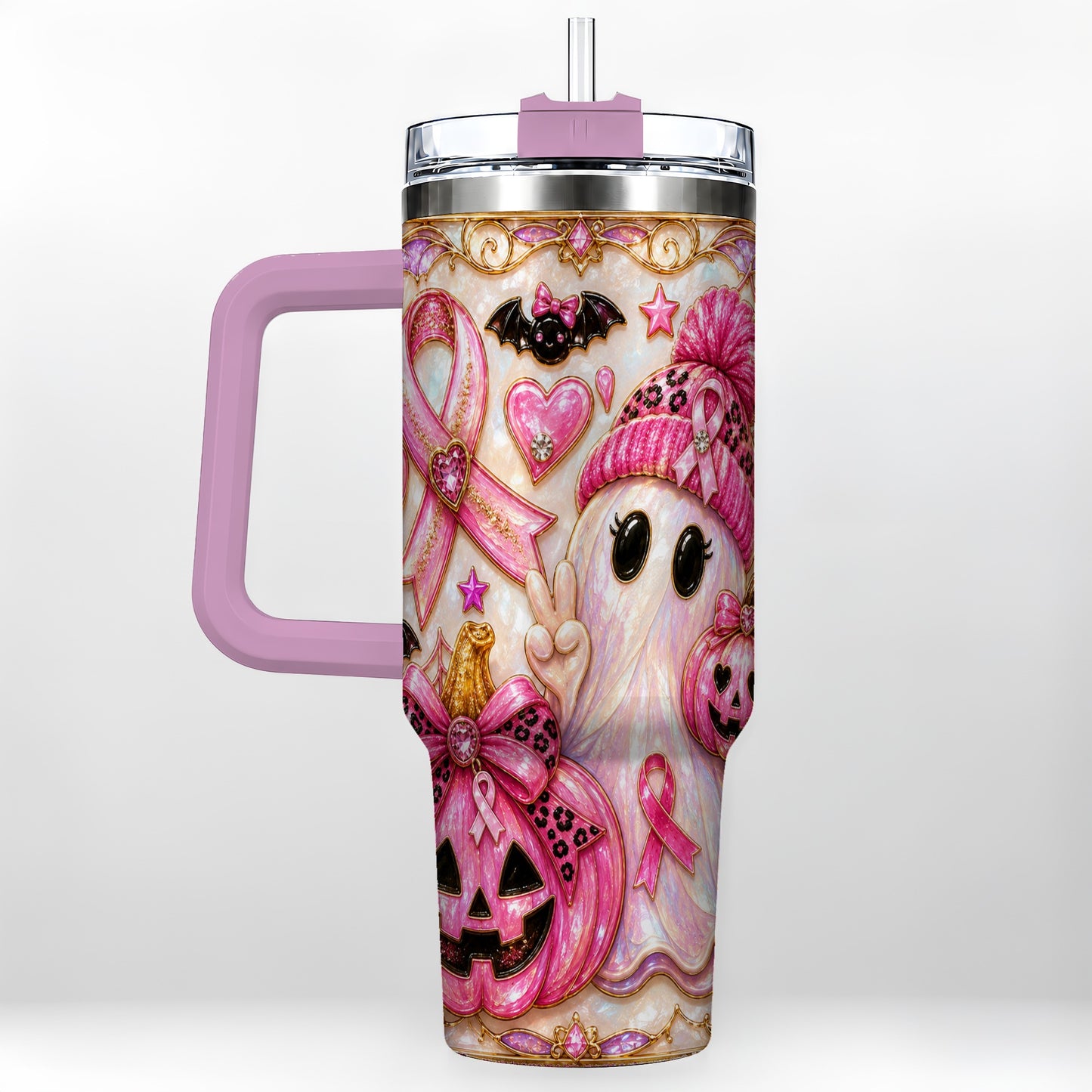 #pl[40oz|Pink] Pink Ribbon Ghost 40oz Tumbler with Handle, Halloween Travel Cup