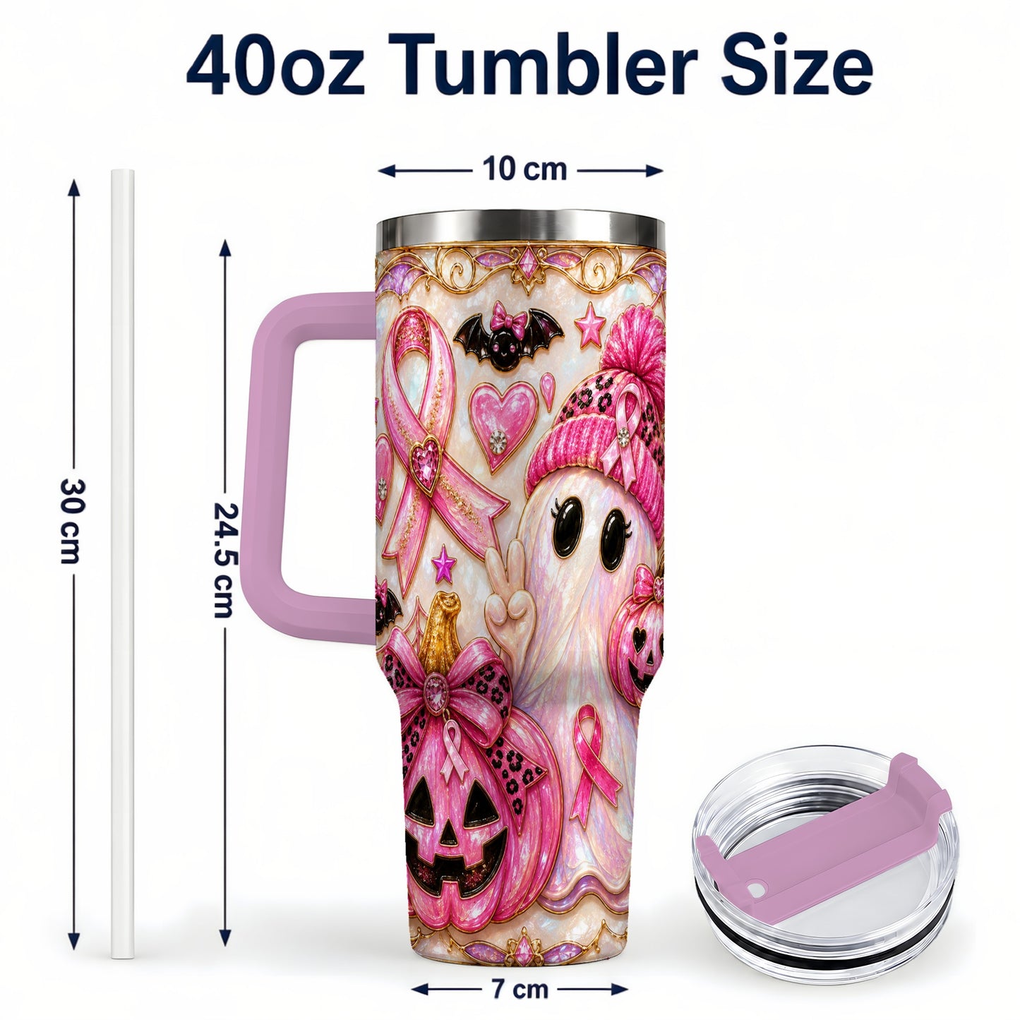 #pl[40oz|Pink] Pink Ribbon Ghost 40oz Tumbler with Handle, Halloween Travel Cup