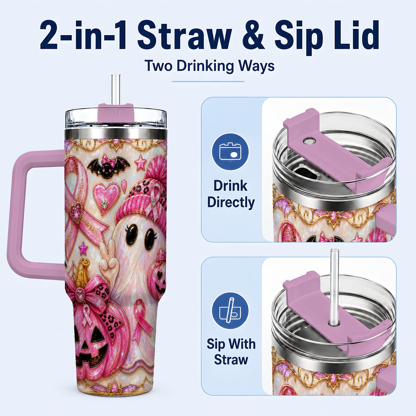 #pl[40oz|Pink] Pink Ribbon Ghost 40oz Tumbler with Handle, Halloween Travel Cup