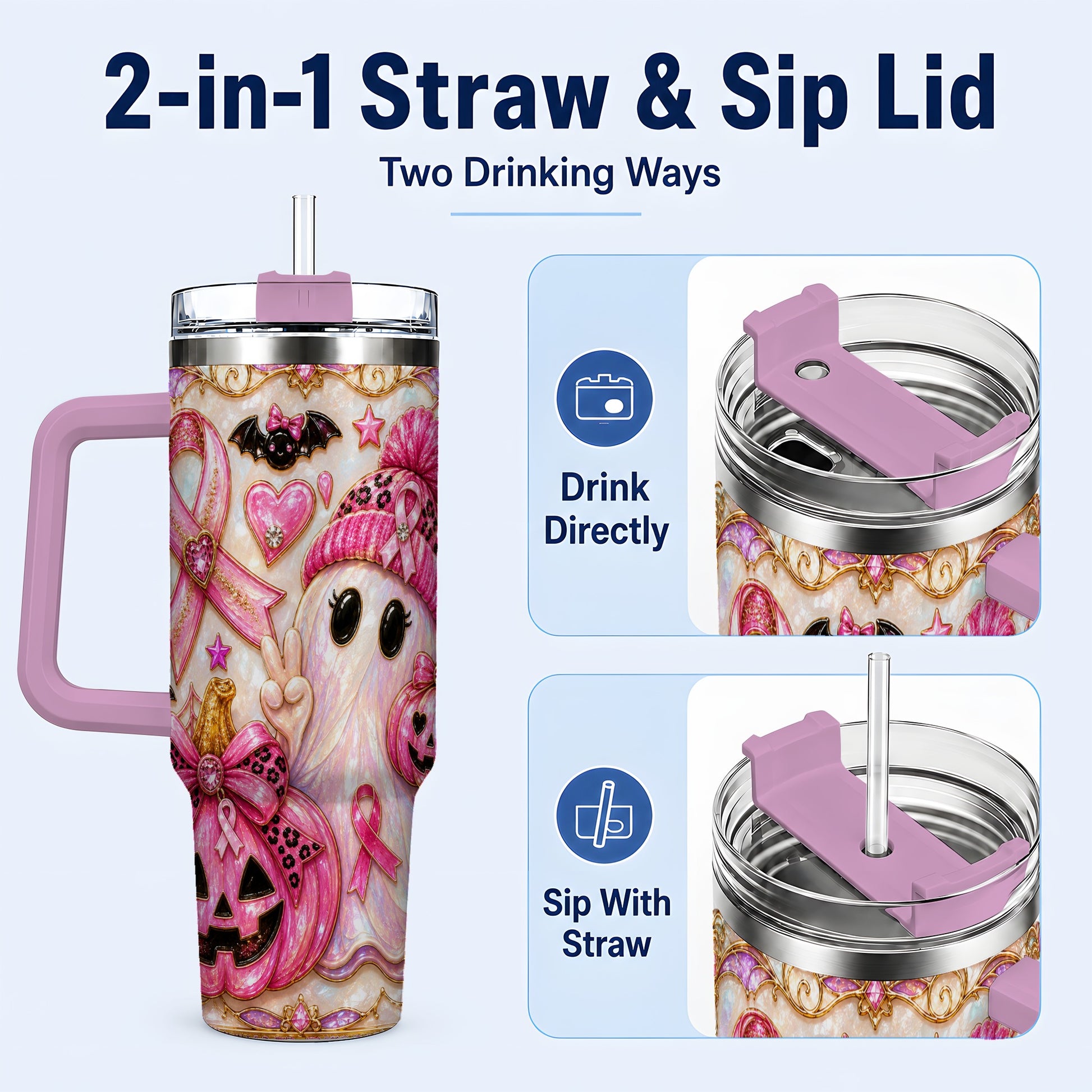 #pl[40oz|Pink] Pink Ribbon Ghost 40oz Tumbler with Handle, Halloween Travel Cup