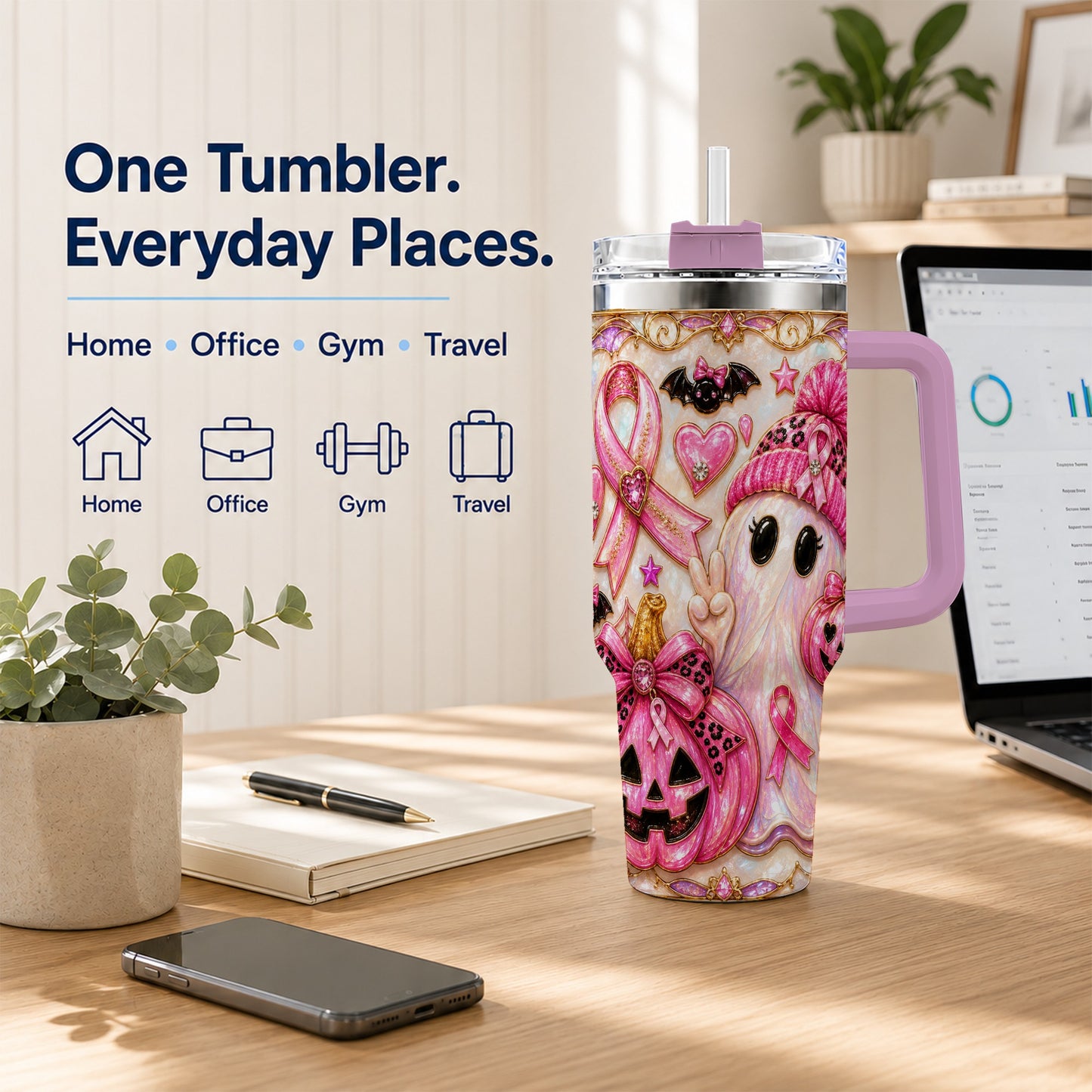 #pl[40oz|Pink] Pink Ribbon Ghost 40oz Tumbler with Handle, Halloween Travel Cup