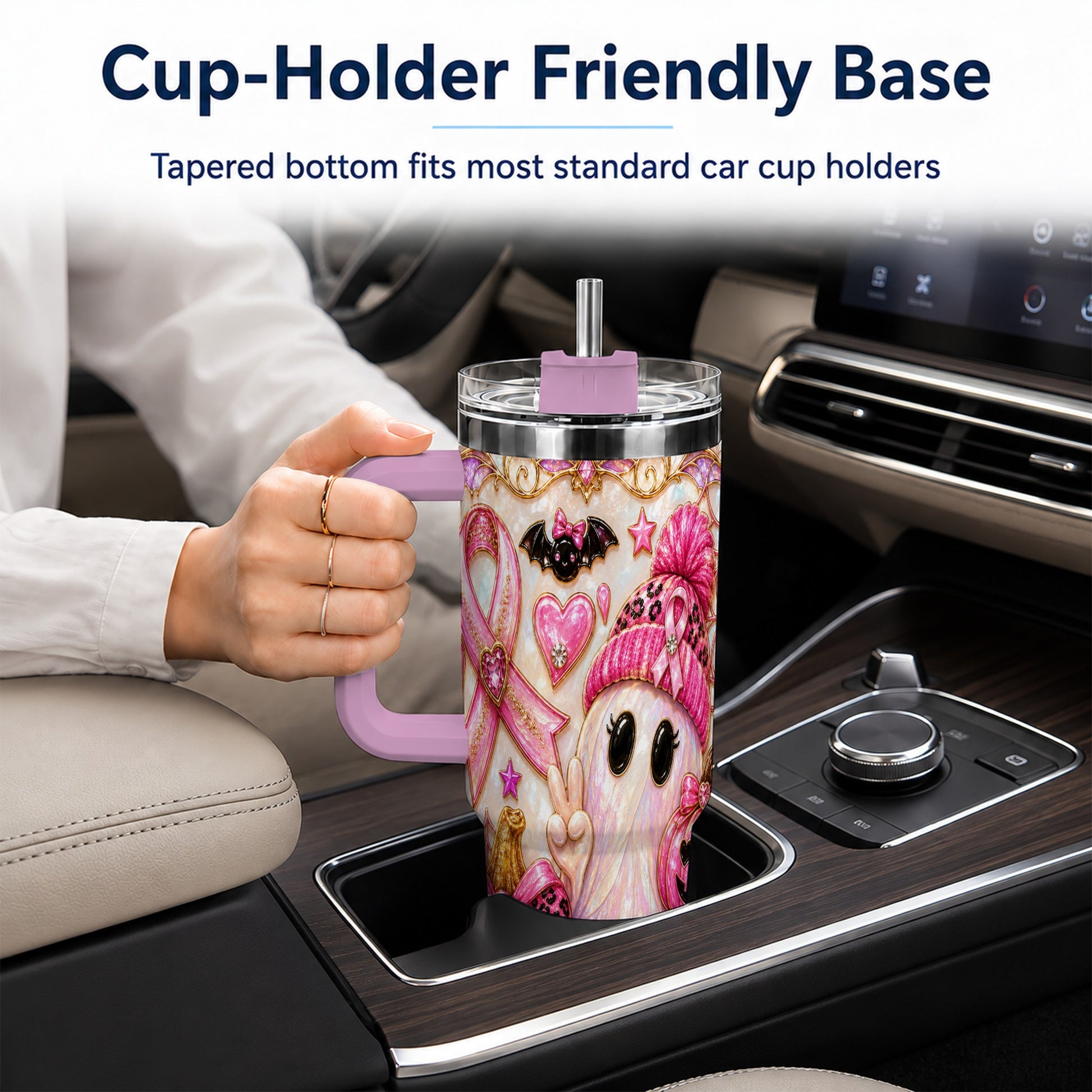 #pl[40oz|Pink] Pink Ribbon Ghost 40oz Tumbler with Handle, Halloween Travel Cup