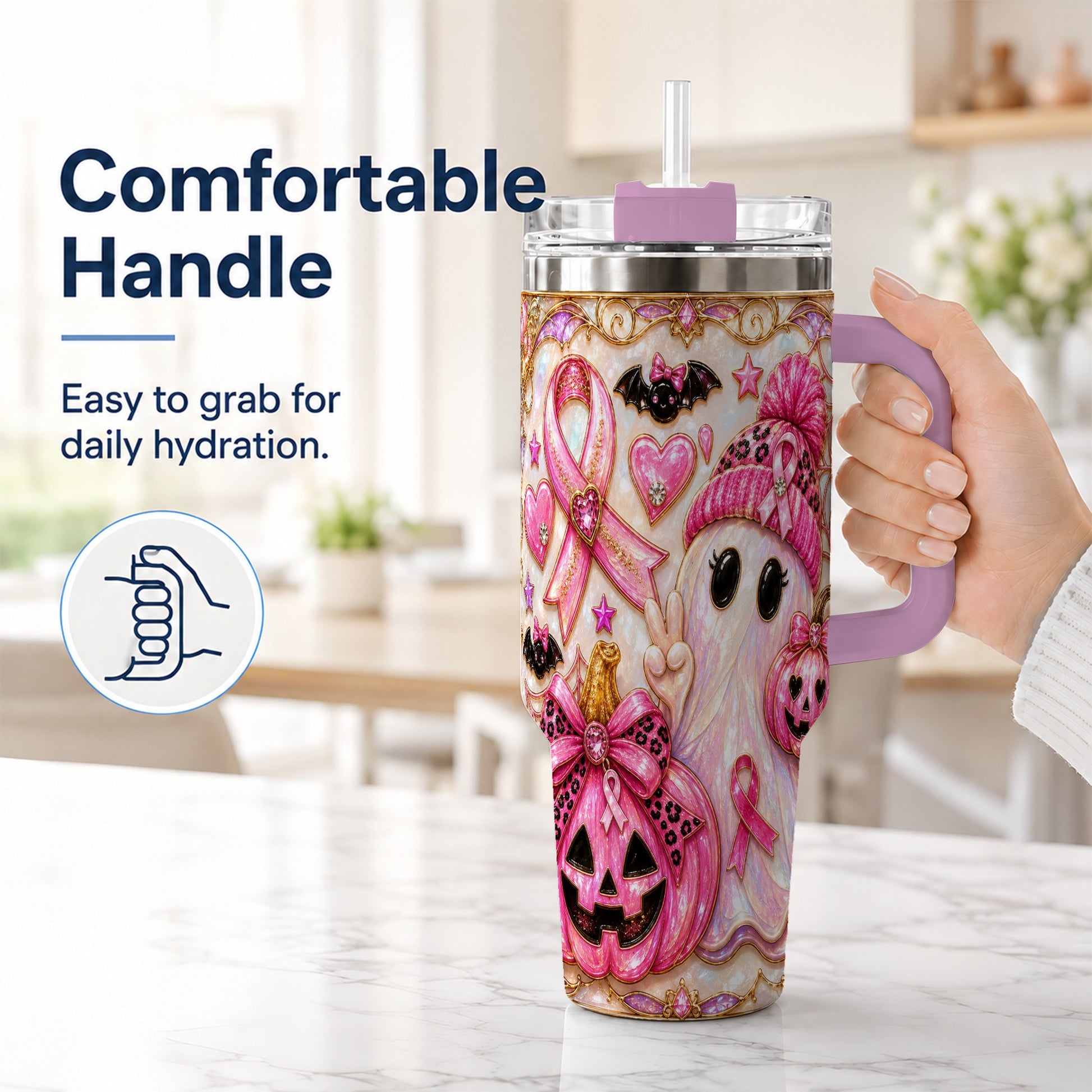 #pl[40oz|Pink] Pink Ribbon Ghost 40oz Tumbler with Handle, Halloween Travel Cup