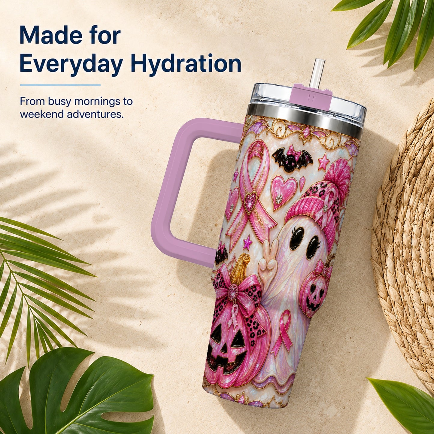 #pl[40oz|Pink] Pink Ribbon Ghost 40oz Tumbler with Handle, Halloween Travel Cup