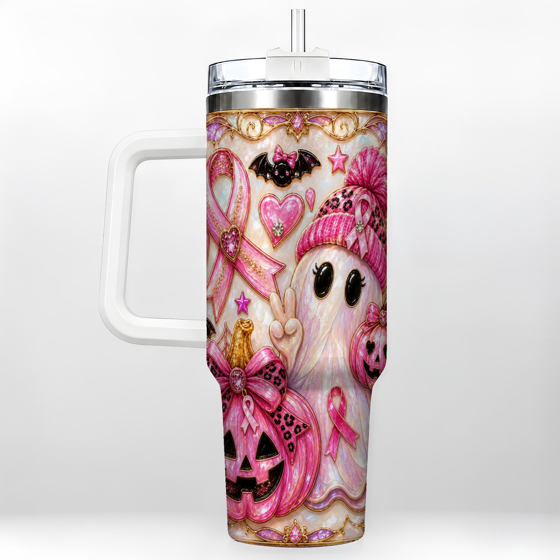 #pl[40oz|White] Pink Ribbon Ghost 40oz Tumbler with Handle, Halloween Travel Cup