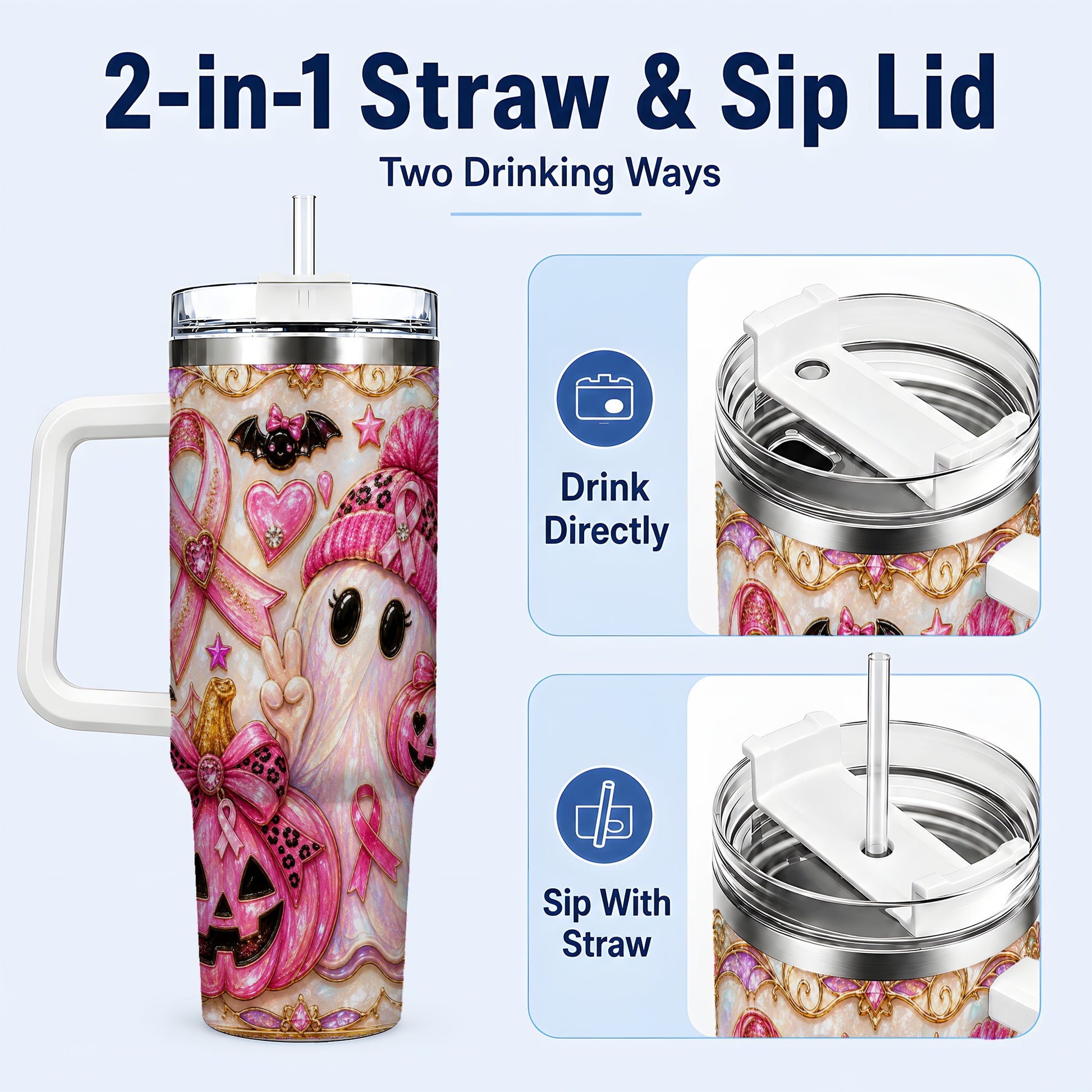 #pl[40oz|White] Pink Ribbon Ghost 40oz Tumbler with Handle, Halloween Travel Cup