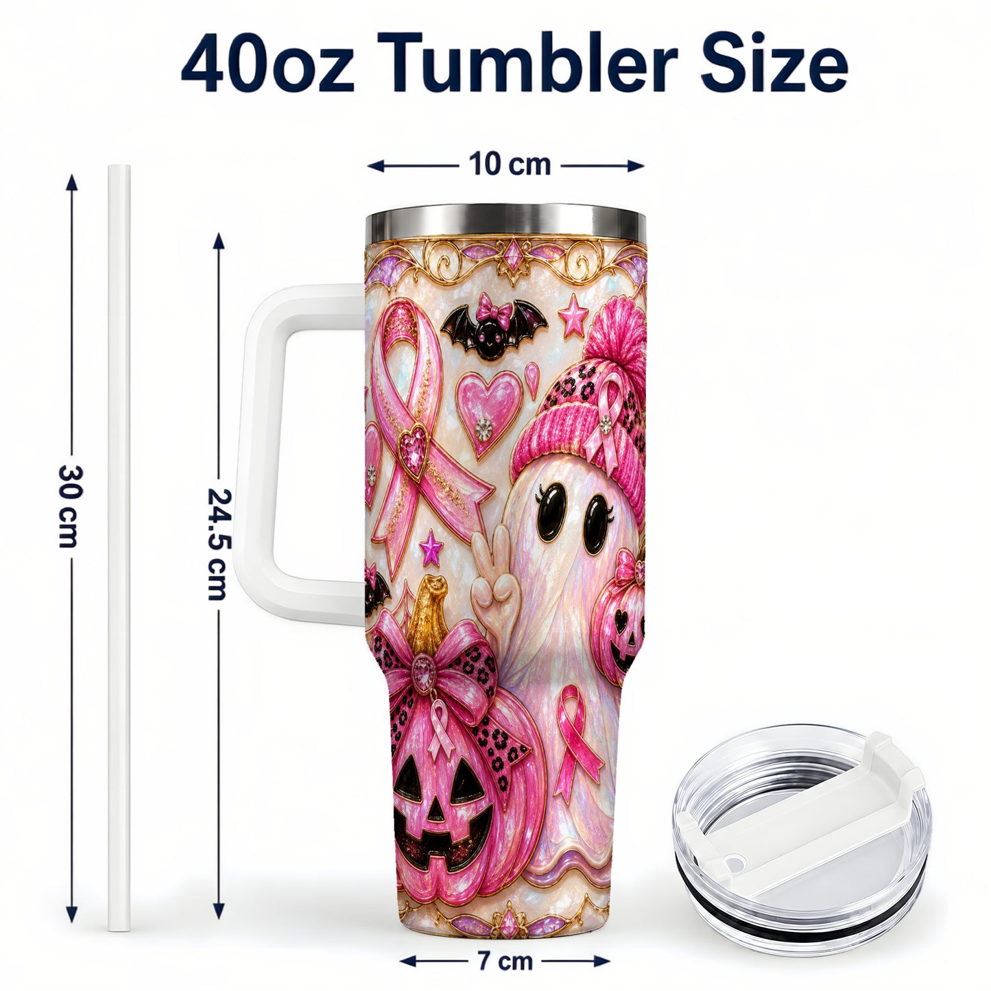 #pl[40oz|White] Pink Ribbon Ghost 40oz Tumbler with Handle, Halloween Travel Cup