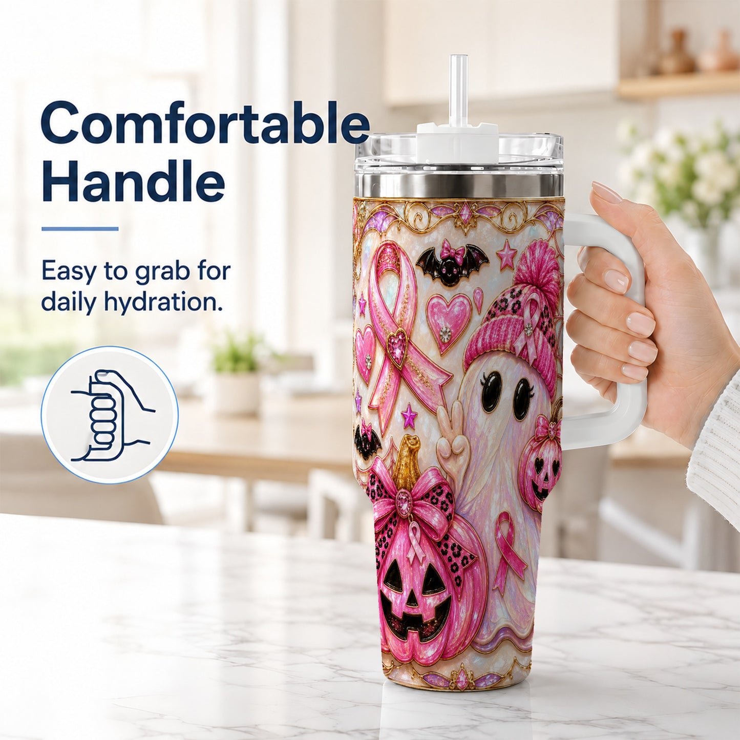 #pl[40oz|White] Pink Ribbon Ghost 40oz Tumbler with Handle, Halloween Travel Cup