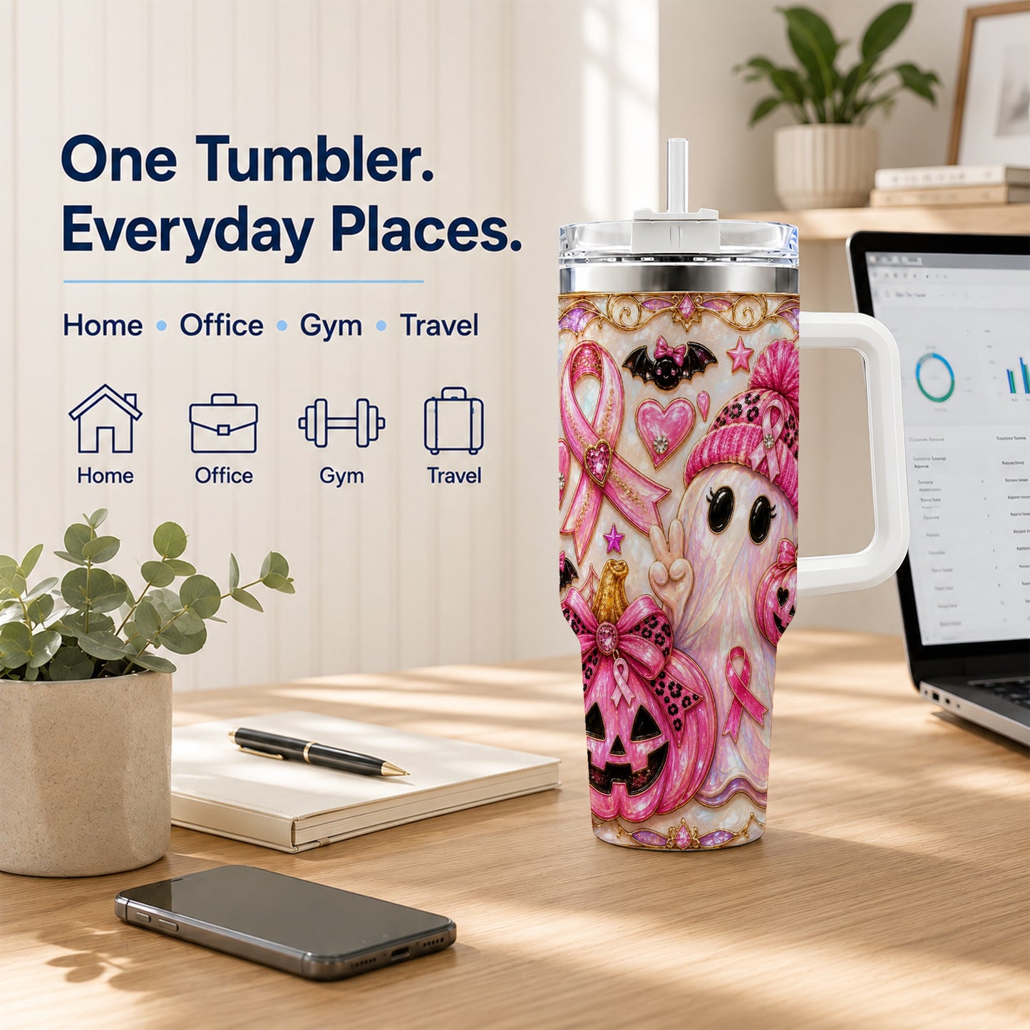 #pl[40oz|White] Pink Ribbon Ghost 40oz Tumbler with Handle, Halloween Travel Cup
