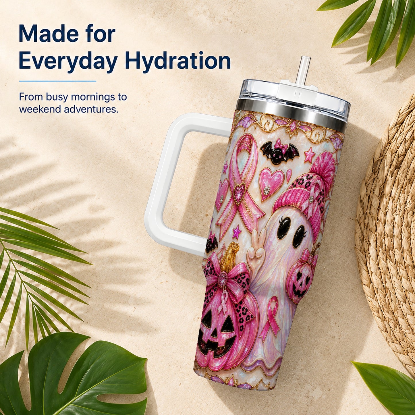#pl[40oz|White] Pink Ribbon Ghost 40oz Tumbler with Handle, Halloween Travel Cup