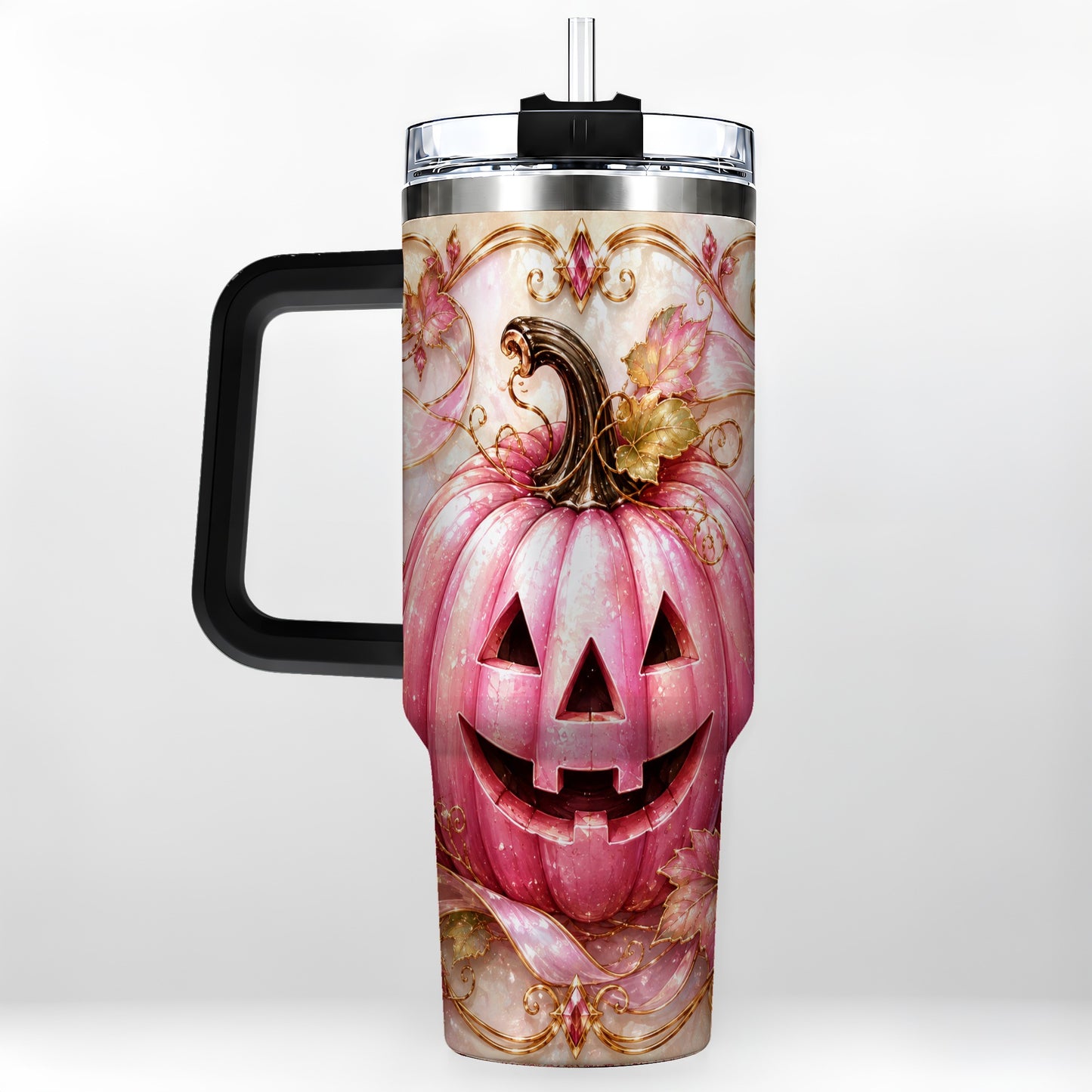 #pl[40oz|Black] Pink Pumpkin 40oz Tumbler with Handle, Halloween Travel Cup