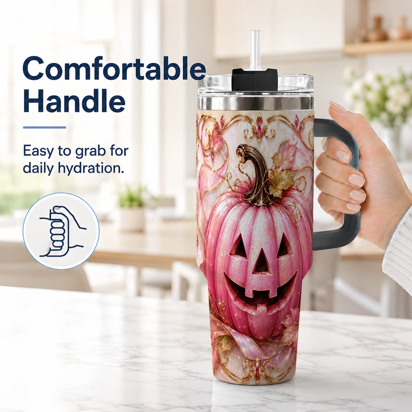 #pl[40oz|Black] Pink Pumpkin 40oz Tumbler with Handle, Halloween Travel Cup