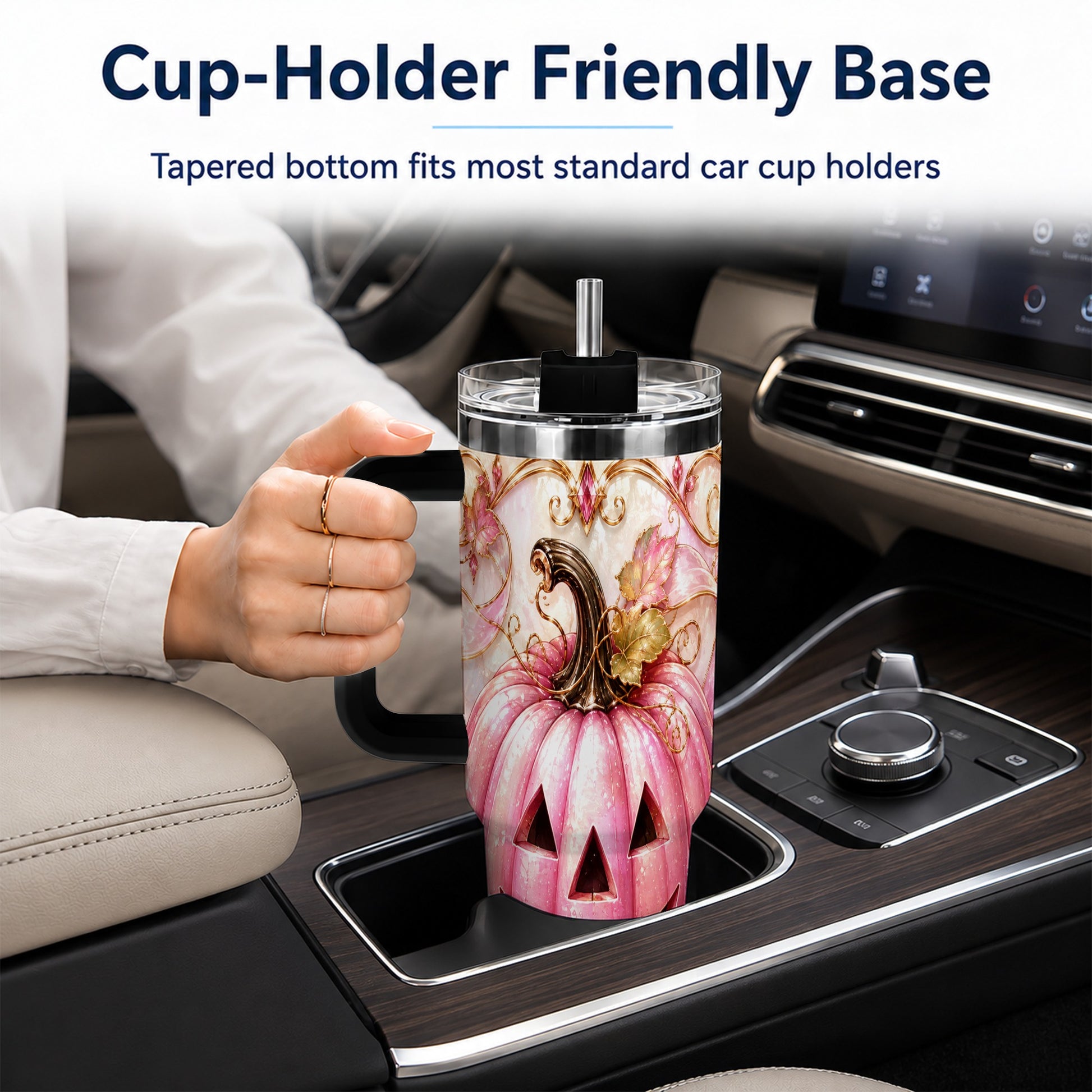 #pl[40oz|Black] Pink Pumpkin 40oz Tumbler with Handle, Halloween Travel Cup