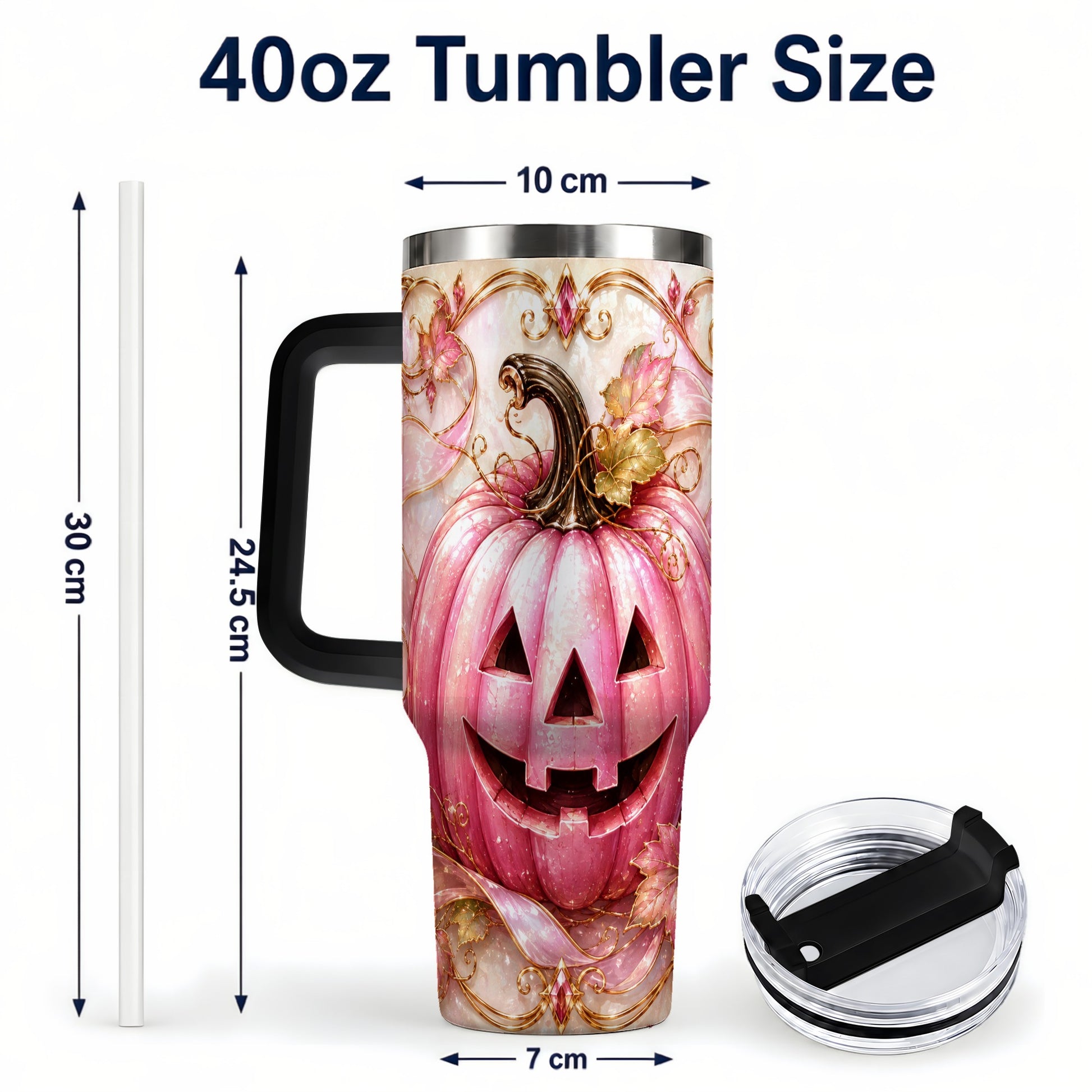 #pl[40oz|Black] Pink Pumpkin 40oz Tumbler with Handle, Halloween Travel Cup