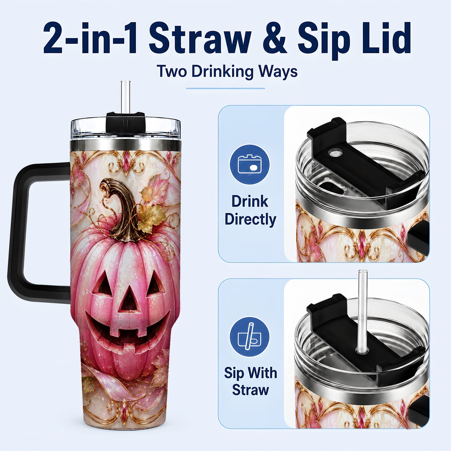 #pl[40oz|Black] Pink Pumpkin 40oz Tumbler with Handle, Halloween Travel Cup