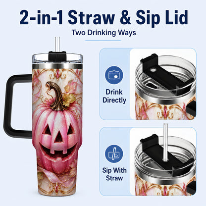 #pl[40oz|Black] Pink Pumpkin 40oz Tumbler with Handle, Halloween Travel Cup