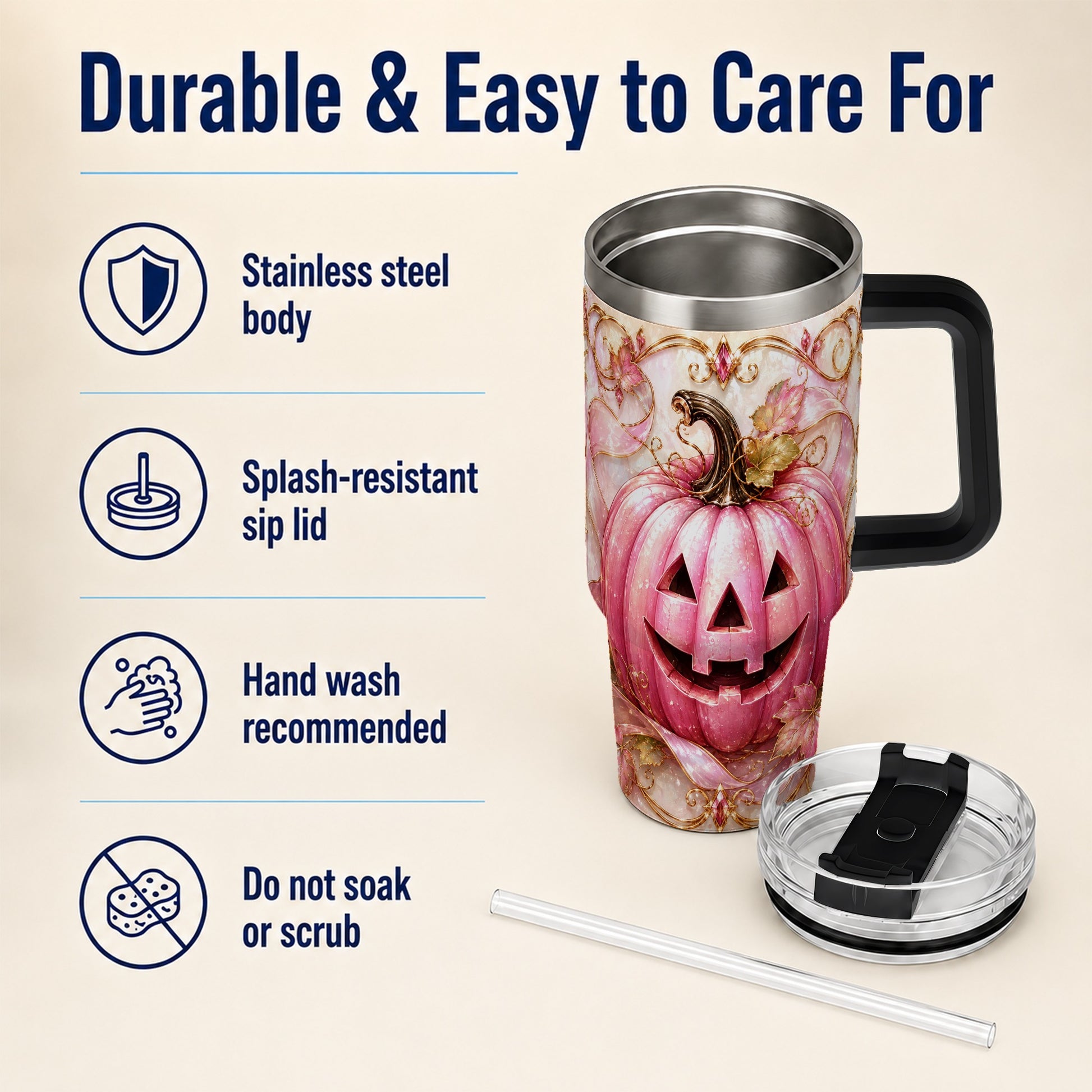 #pl[40oz|Black] Pink Pumpkin 40oz Tumbler with Handle, Halloween Travel Cup