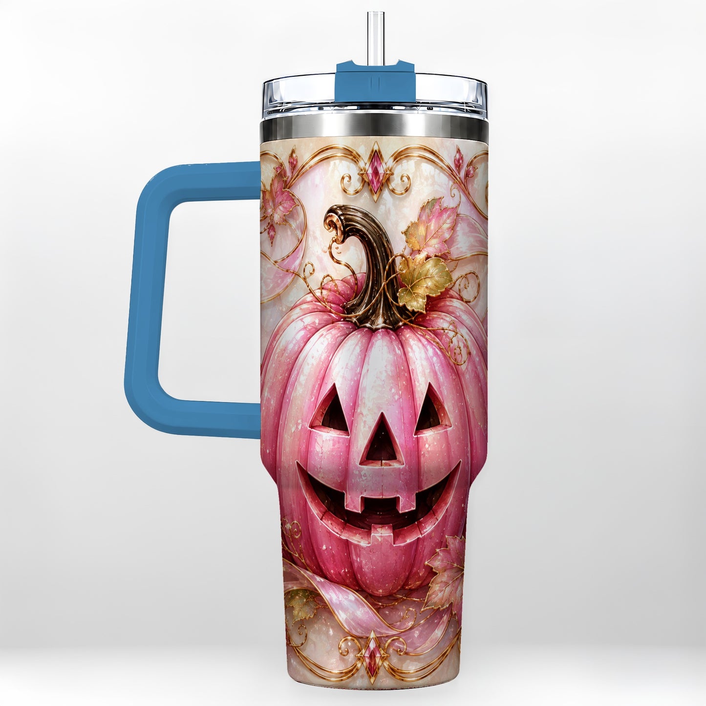 #pl[40oz|Blue] Pink Pumpkin 40oz Tumbler with Handle, Halloween Travel Cup