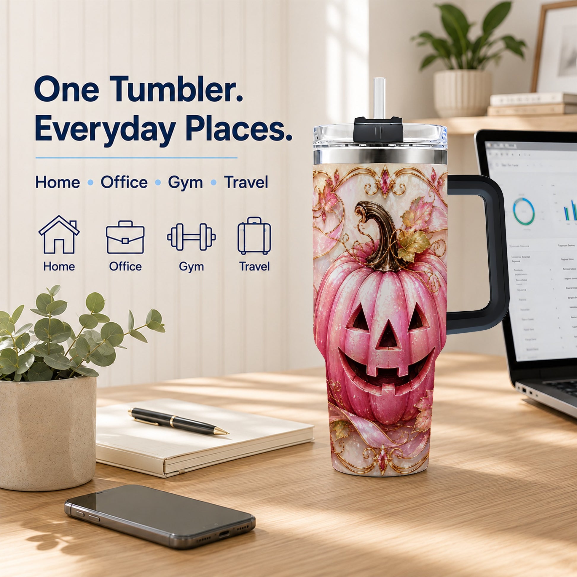 #pl[40oz|Black] Pink Pumpkin 40oz Tumbler with Handle, Halloween Travel Cup